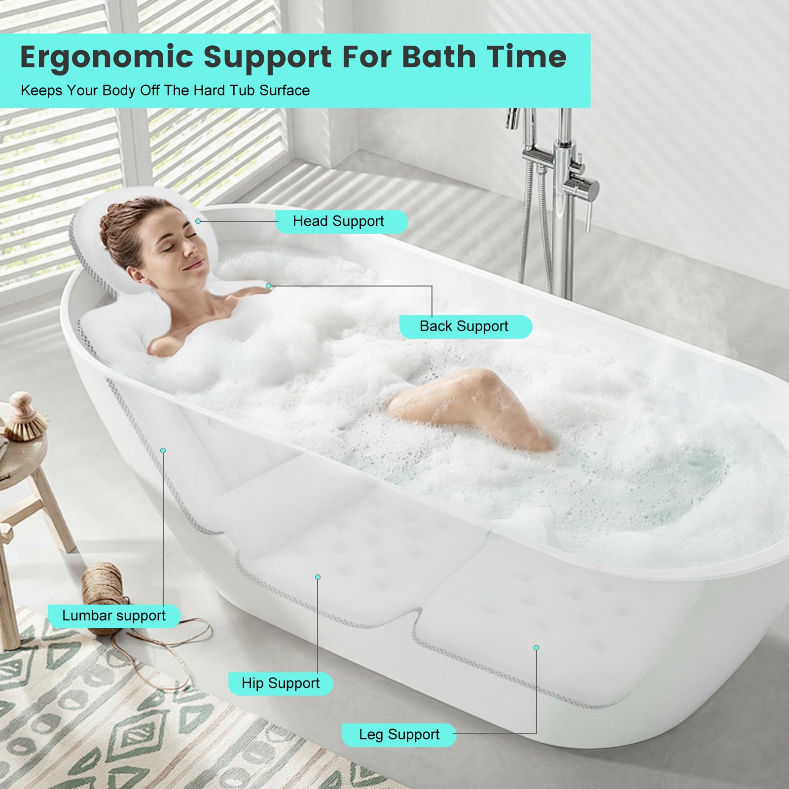 Coussin de bain épais pour baignoire, avec 192 ventouses, coussin épais avec soutien du cou, du dos et des lombaires, coussin de bain épais avec sac à linge (blanc Pro)
