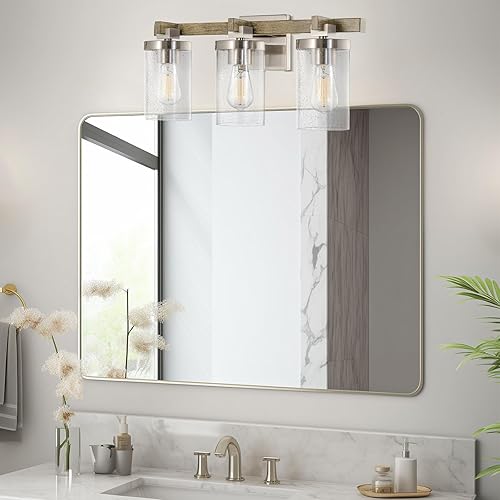 Miniatura 7 de Kira Home Concord - Lámpara de tocador y baño de 22 pulgadas con 3 luces + pantallas cilíndricas de vidrio sembrado, estilo madera de roble