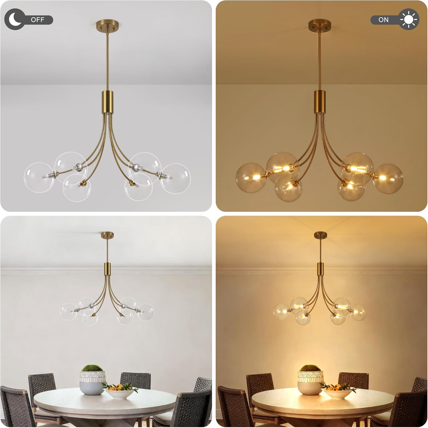 6-Light Gold Light Fixture for Kitchen,Modern Dining Room Light Fixture,Sputnik Chandeliers with Clear Glass Shade for Kitchen Island Living Room Bedroom Foyer Entryway,31.5in,G9.