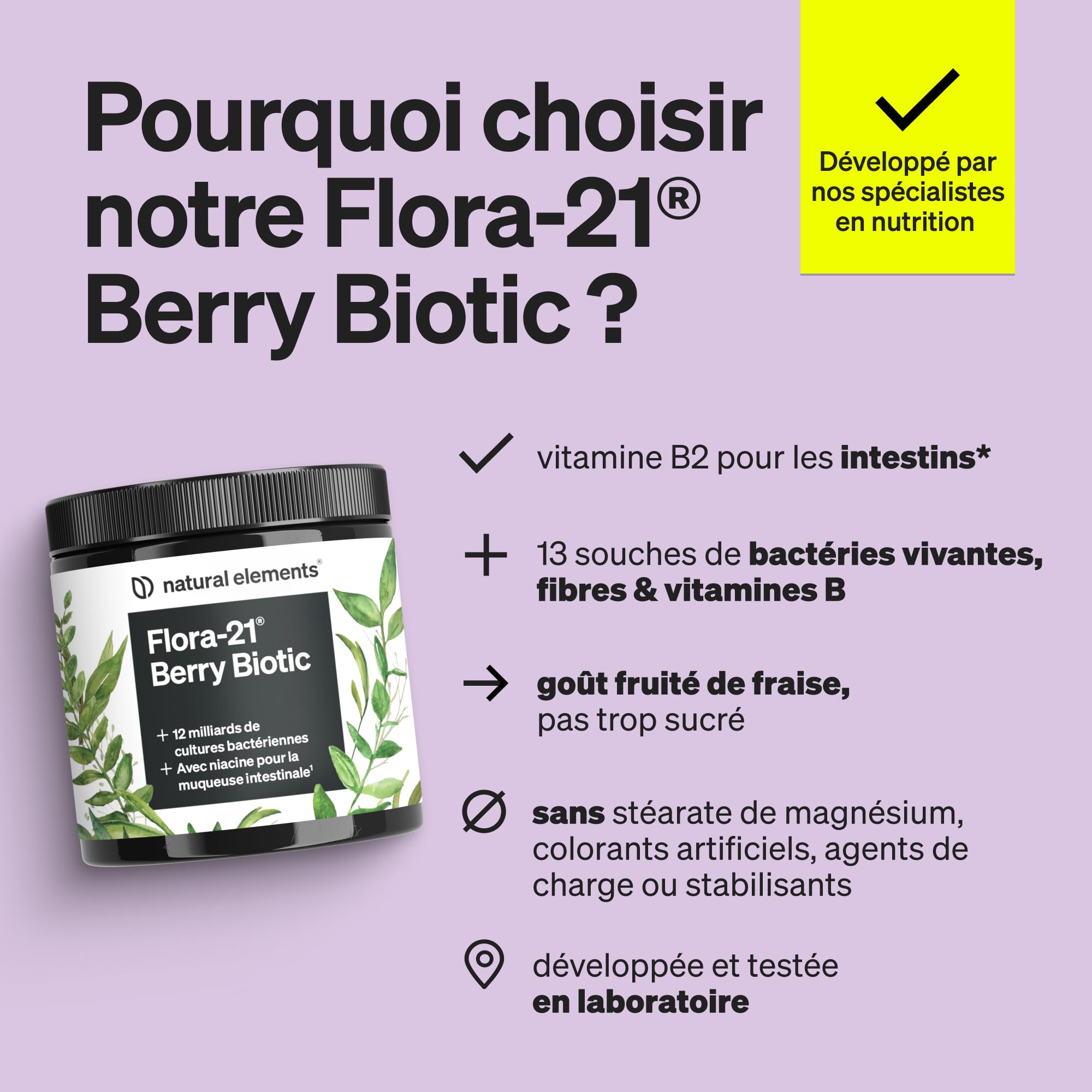 21 Flora Berry Biotic – Poudre pour boisson aux baies – 13 souches de bactéries avec fibres & complexe de vitamines B – 12 milliards d’UFC par portion – 30 portions goût fraise – Vegan