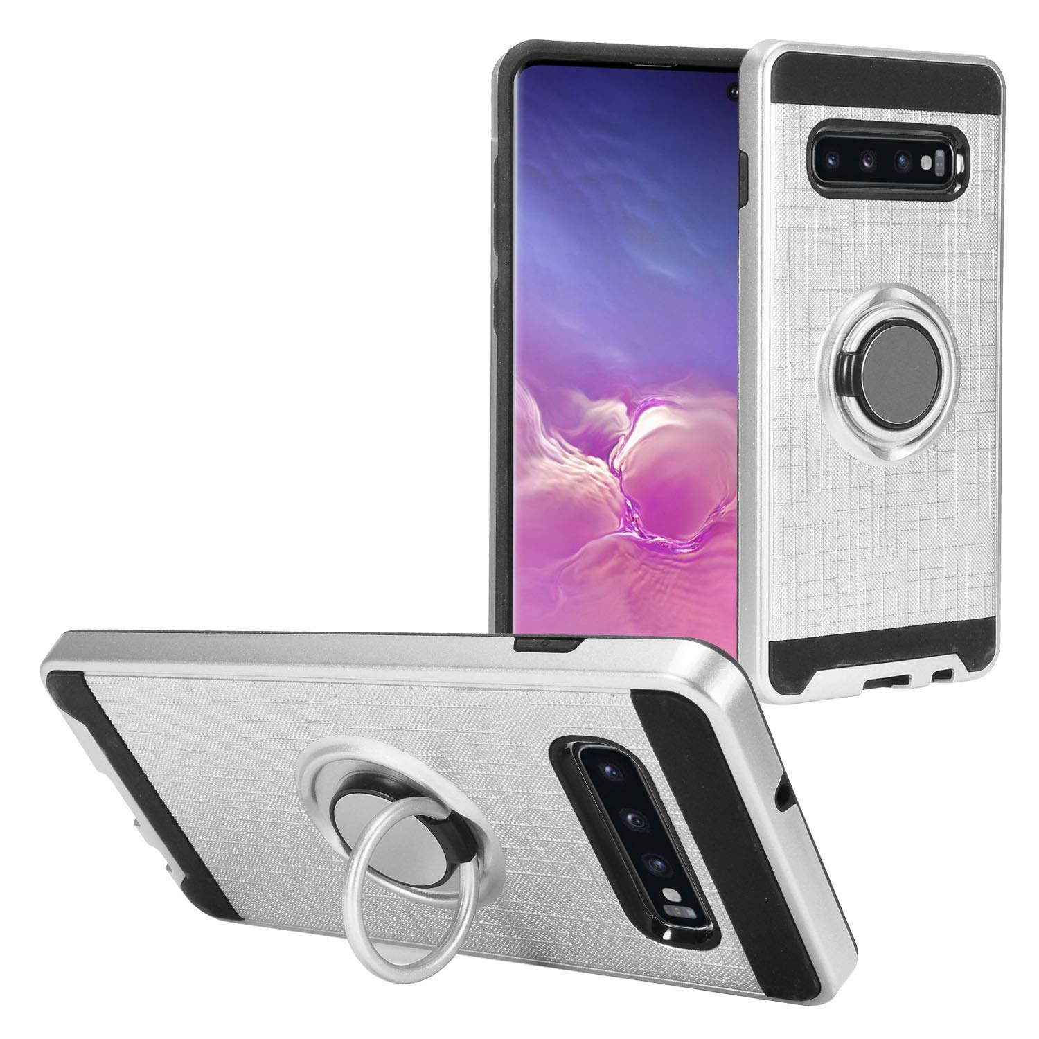 Eaglecell - Compatible with Samsung Galaxy S10+, S10 Plus (6.4") SM-G975 - Hybrid Hard Case w/Ring Stand - RS2 Silver