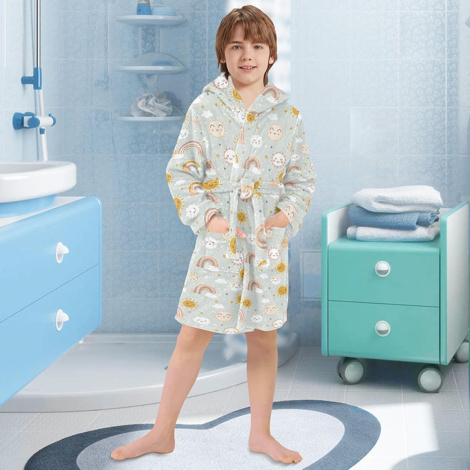 senya Cute Rainbow Sun Toddler Hooded Bathrobe Kids Soft Plush Bath Towel Robes for Boys Girls 2-12 Years