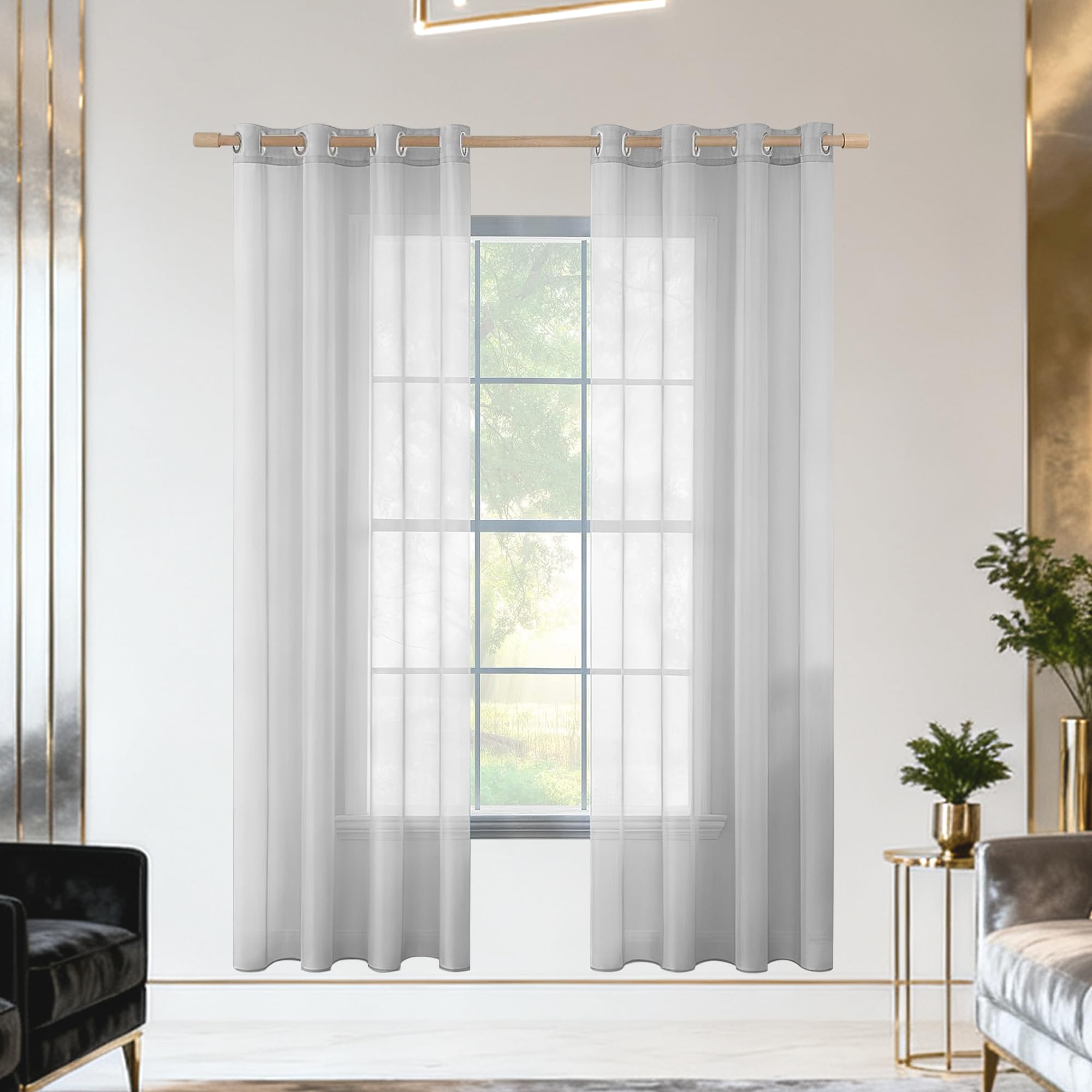 Rideaux voilages 540 x 130 cm gris clair anti UV pour fenêtre et porte de cuisine