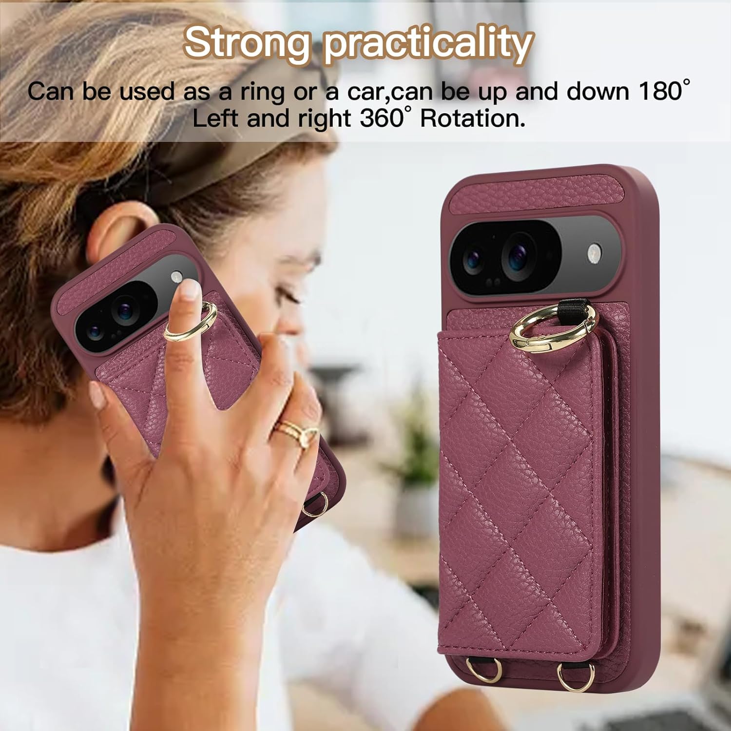 Case for Google Pixel 10 Pro XL Shockproof Phone with Adjustable Necklace RFID Wallet Case Card Tray with Band Ring Stand Makeup Mirror Cover - Rose Red
