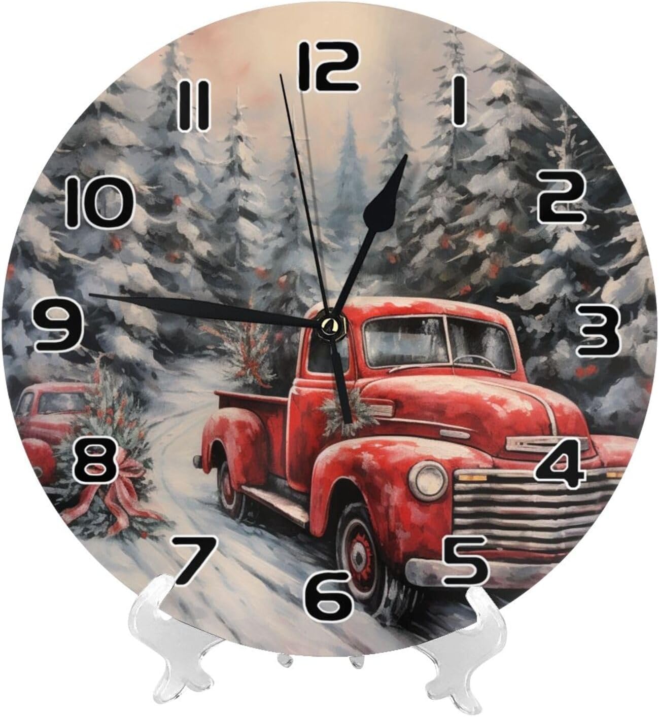Wall Clock Winter Red Old Truck Chrismas Trees Round Wall Clock 10 Inch Silent Non Ticking Battery Operated Clock for Living Room Bedroom Kitchen School Decor Gift