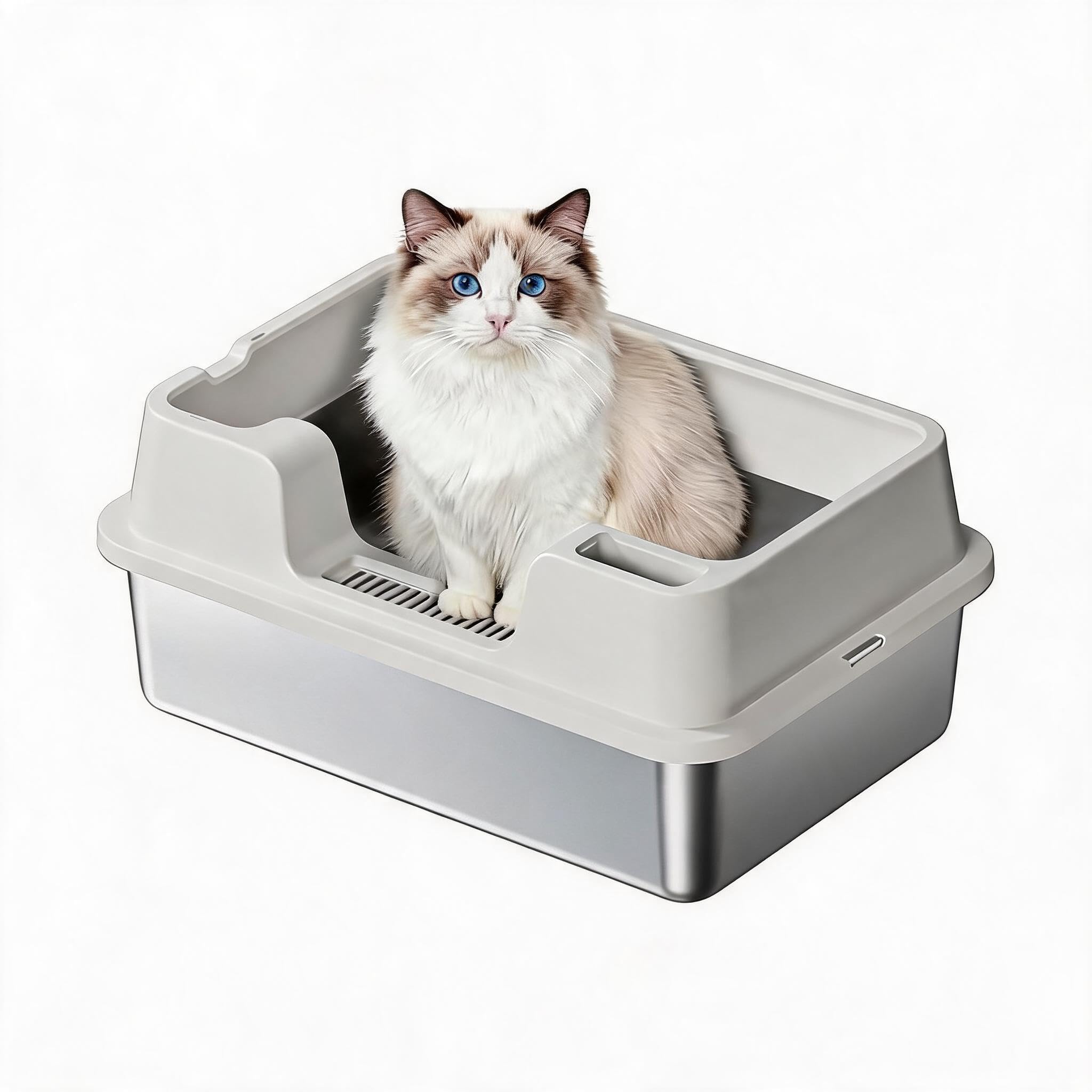 Extra Large Stainless Steel Cat Litter Box – High Sided, Non-Stick, Odor Resistant, Leak-Proof Metal Tray, Non-Slip, Easy Clean for Multiple or Large Cats – Indoor Use – White, 50×35×27CM