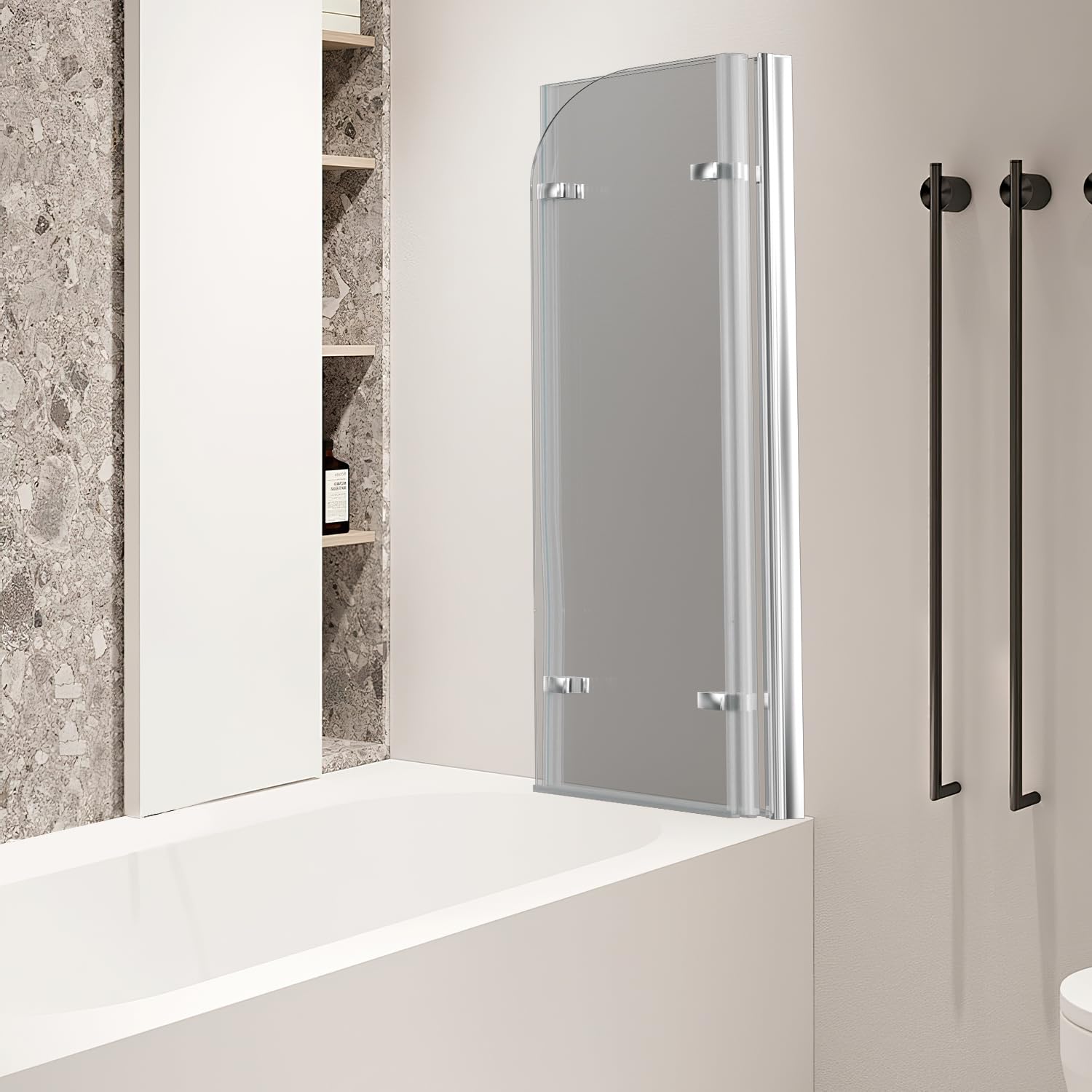 Mampara de ducha plegable para bañera, 120 x 140 cm, 3 piezas, cristal de seguridad de 6 mm, accesorio para bañera, color plateado transparente