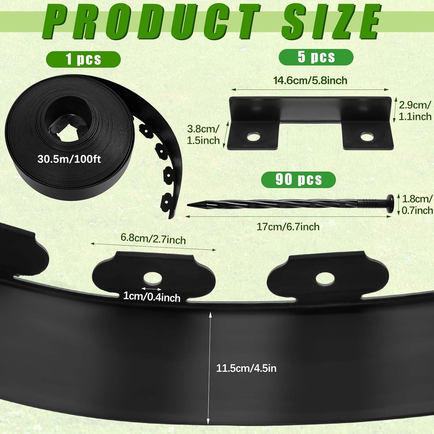 4.5'' x 100' Landscape Edging Kit Plastic Garden Edging Border Coil Include 90 Anchoring Spikes for Lawn Garden Grass Yard Home School, Black