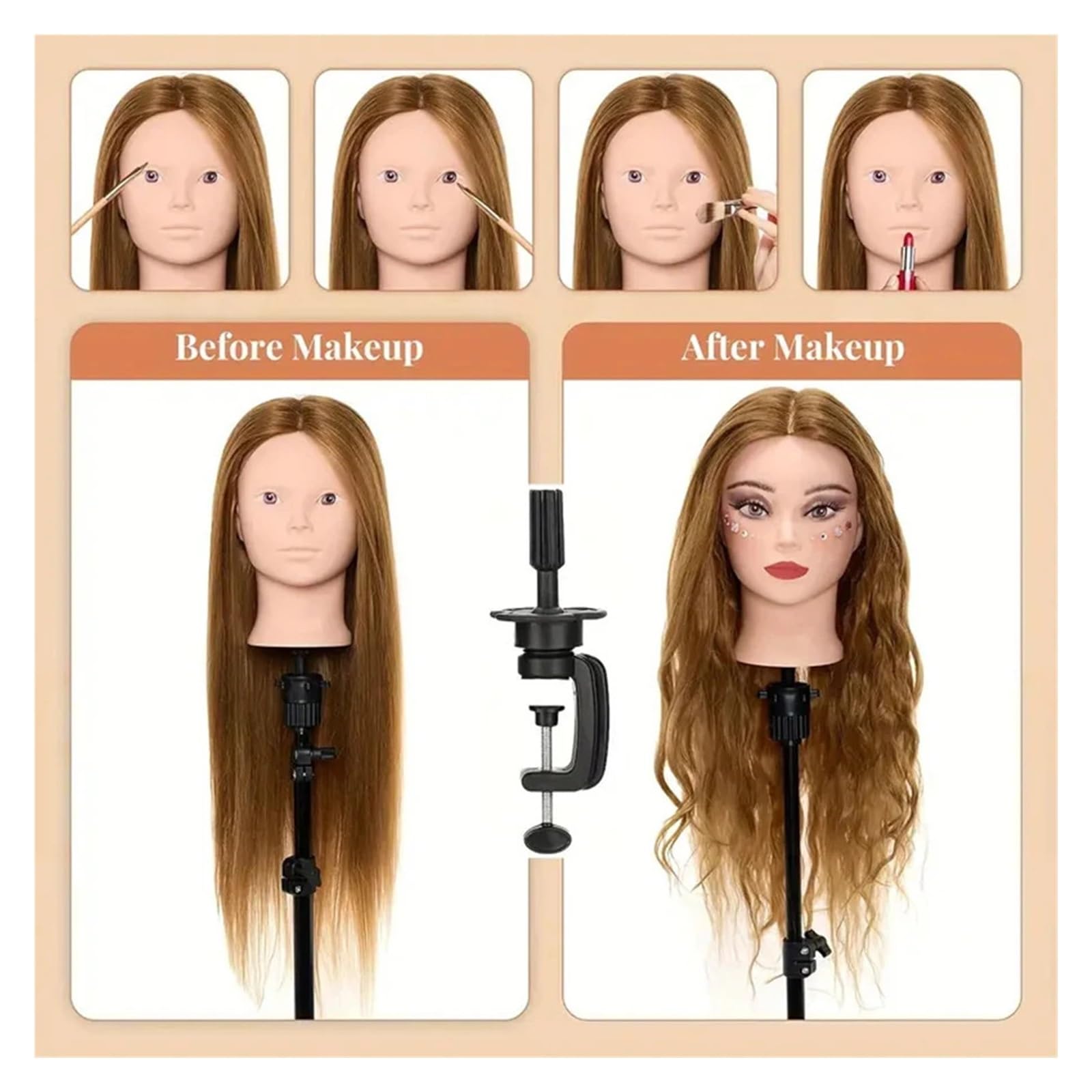 Schönheits-Mannequin-Übungspuppenkopf | Mit Tischständer und Haarstyling-Set 24 Zoll synthetisches Make-up(Golden)