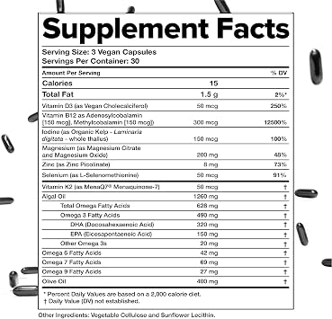 Complement Essential Vegan Multivitamin for Women & Men - Immune Support Supplement with Omega-3 DHA & EPA, B12, Vitamin D3 & K2, Zinc, Selenium, Magnesium, Iodine (30 Servings, 90 Capsules)