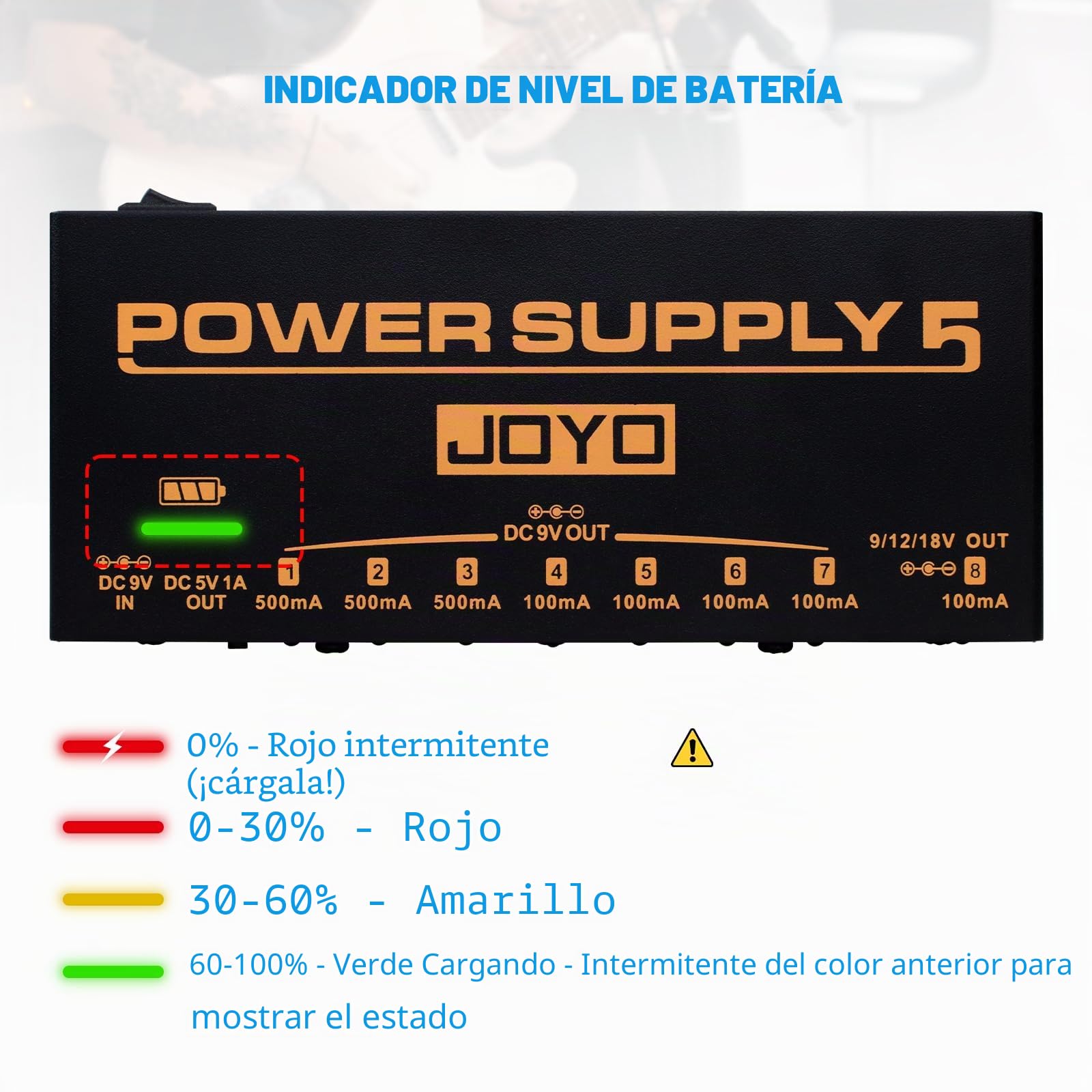 JOYO Built-in 4400mAh Rechargeable Battery Guitar Effect Pedal Power Supply 8 Outputs 9V 12V 18V (100mA, 500mA) Jacks & 5V/1A USB Port (JP-05)