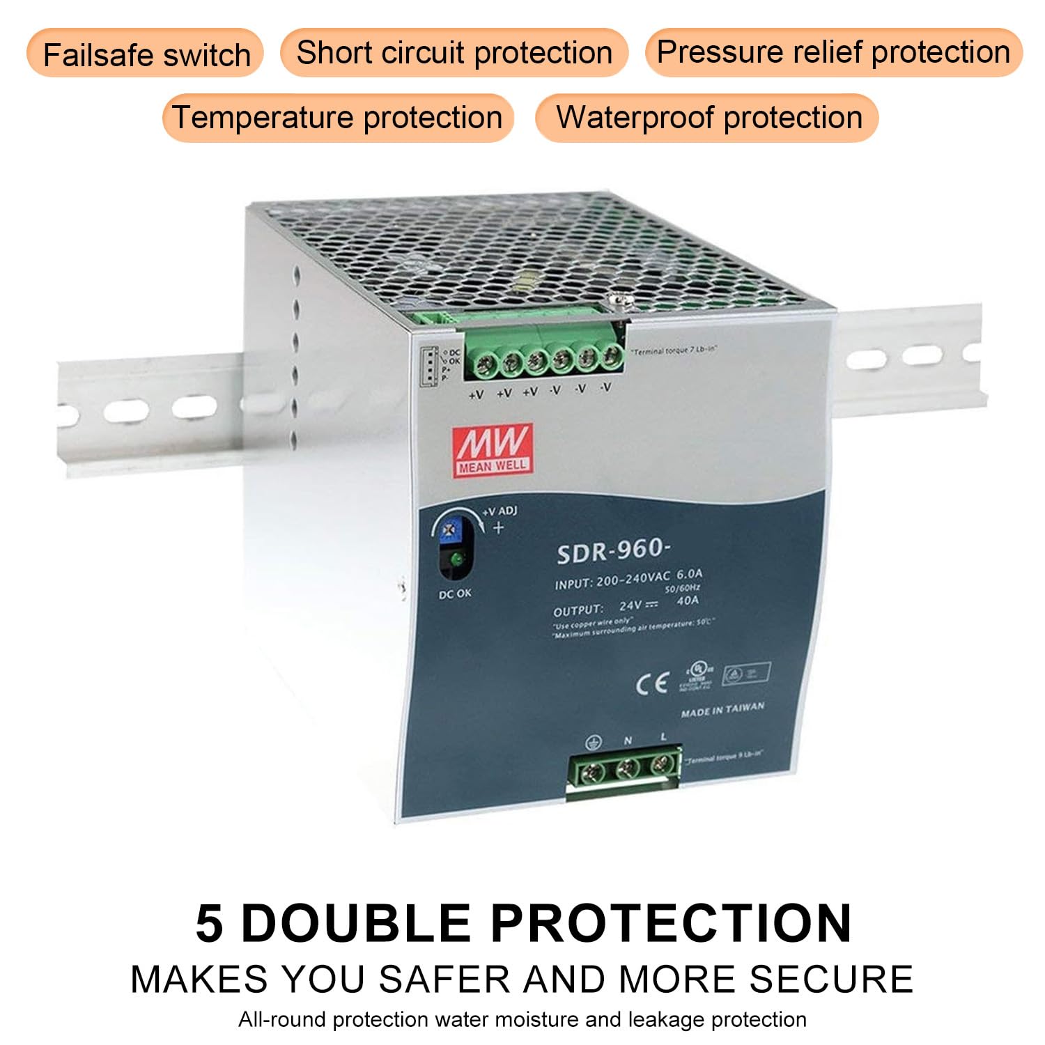 SDR-960-24 960W 24V 40A Fuente de alimentación industrial - Alta potencia, 94% de eficiencia, redundancia paralela para equipos de fabricación de semiconductores críticos, montaje en riel DIN