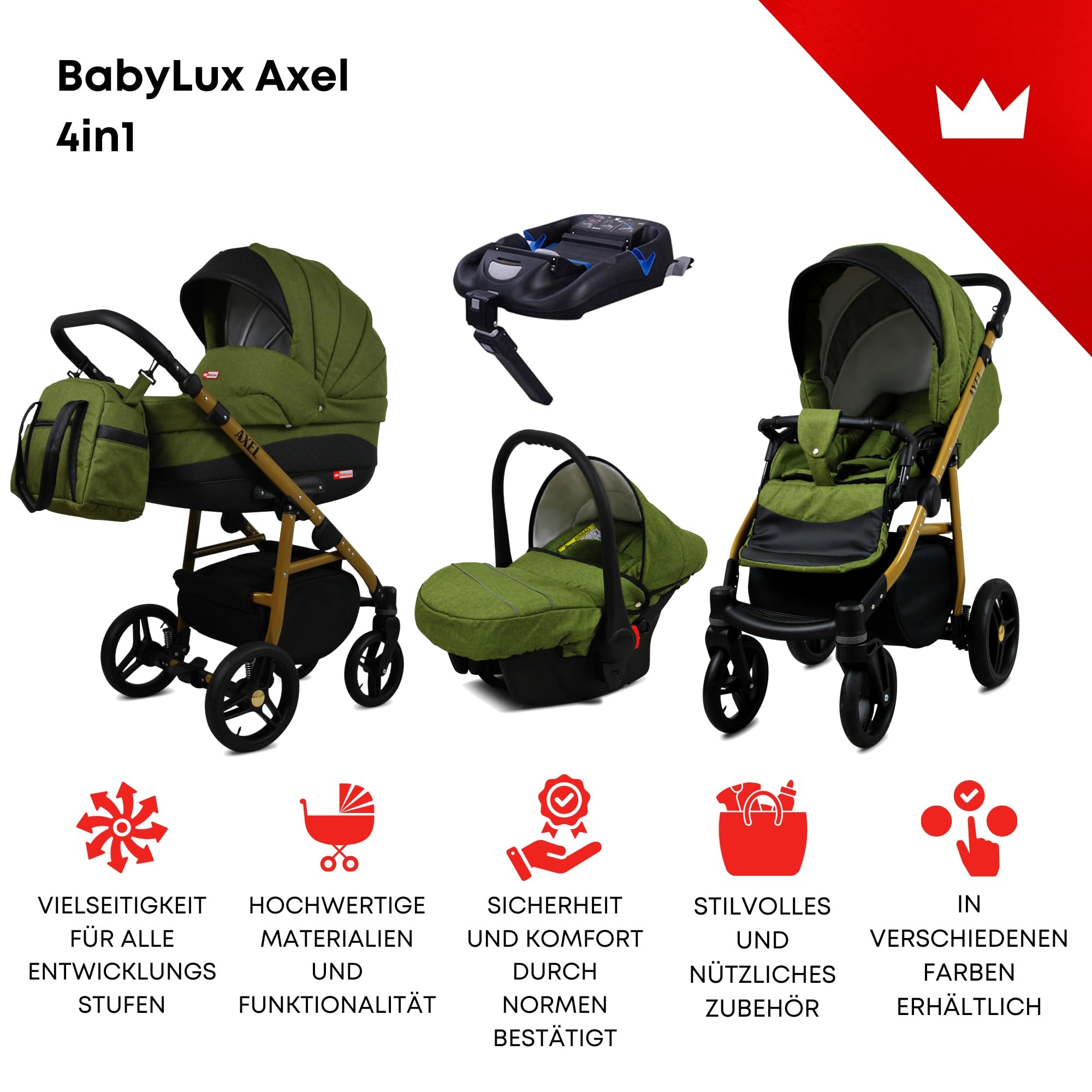 BabyLux® Wózek dziecięcy kompletny zestaw 4 w 1, Axel, w tym gondola dla niemowląt, wędka, fotelik samochodowy, podstawa ISOFIX, wózek dziecięcy, system kombinowany, z torbą do przewijania itp.