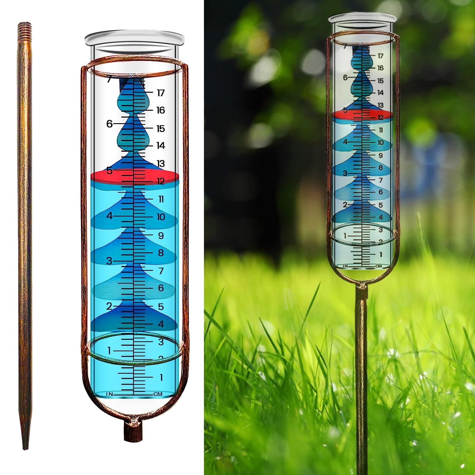 HUAQMDE Rain Guage Outdoor,Rain Guage with Metal Frame,Detachable Rain Gauge for Yard with Stake Best Rated, Rain Gauges for Outdoor, Garden,Patio,Lawn, Backyard(Brass)