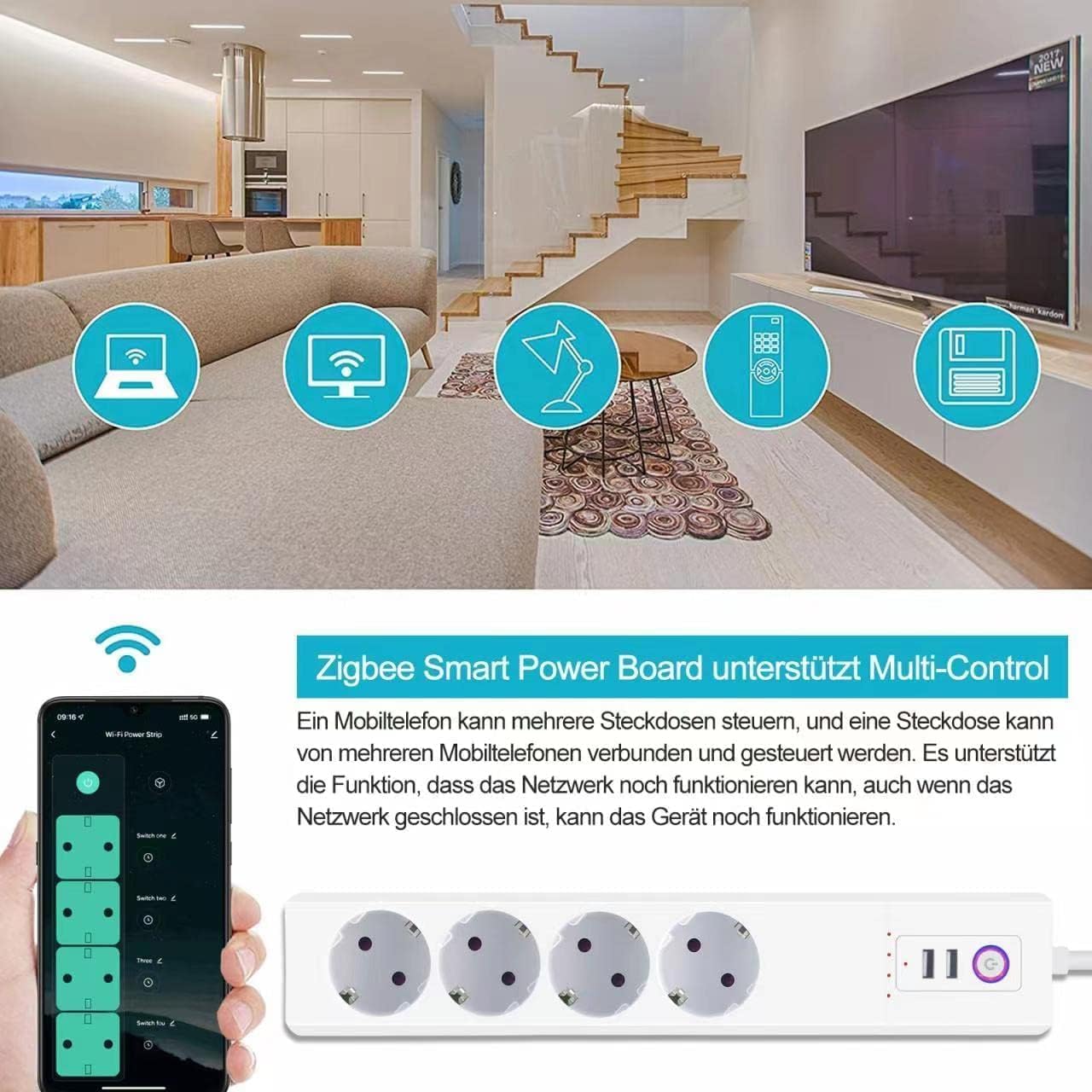 Jinvoo ZigBee Mehrfachsteckdosen, Intelligente Steckdosenleiste Überspannungsschutz, Sprachsteuerung, Home Assistant, 2MQTT, ZHA, Funktioniert mit Alexa Google
