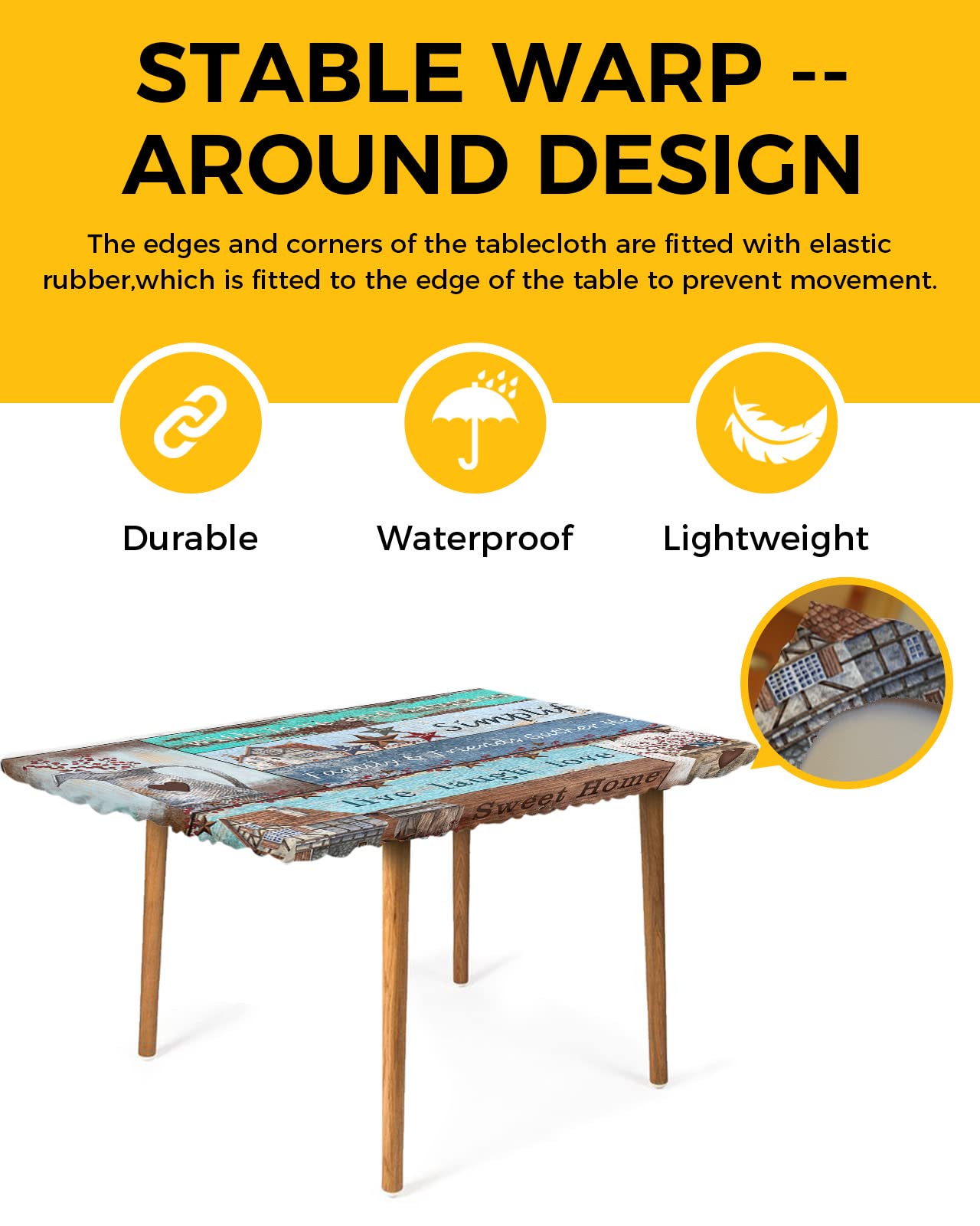 Farmhouse Teal Brown Wood Fitted Table Covers for 3 Foot Tables, Country Star Rustic Barn Elastic Table Cover Rectangle 24