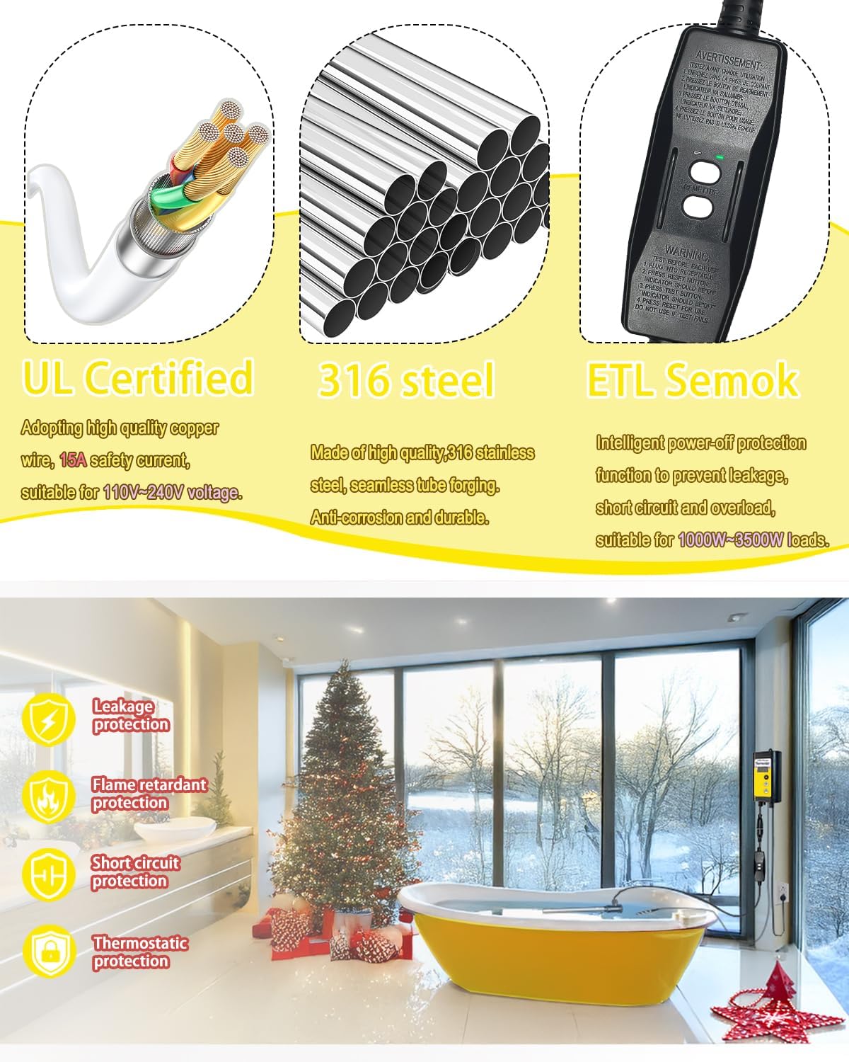 1800W Portable Water Heater for Hot Tub &Bath - Submersible Baptistry Heaters for Baptismal Stock Tank, Immersion Heaters with Thermostat for Bathtub Spa, Small Above Ground Pool Water Heater - Image 2