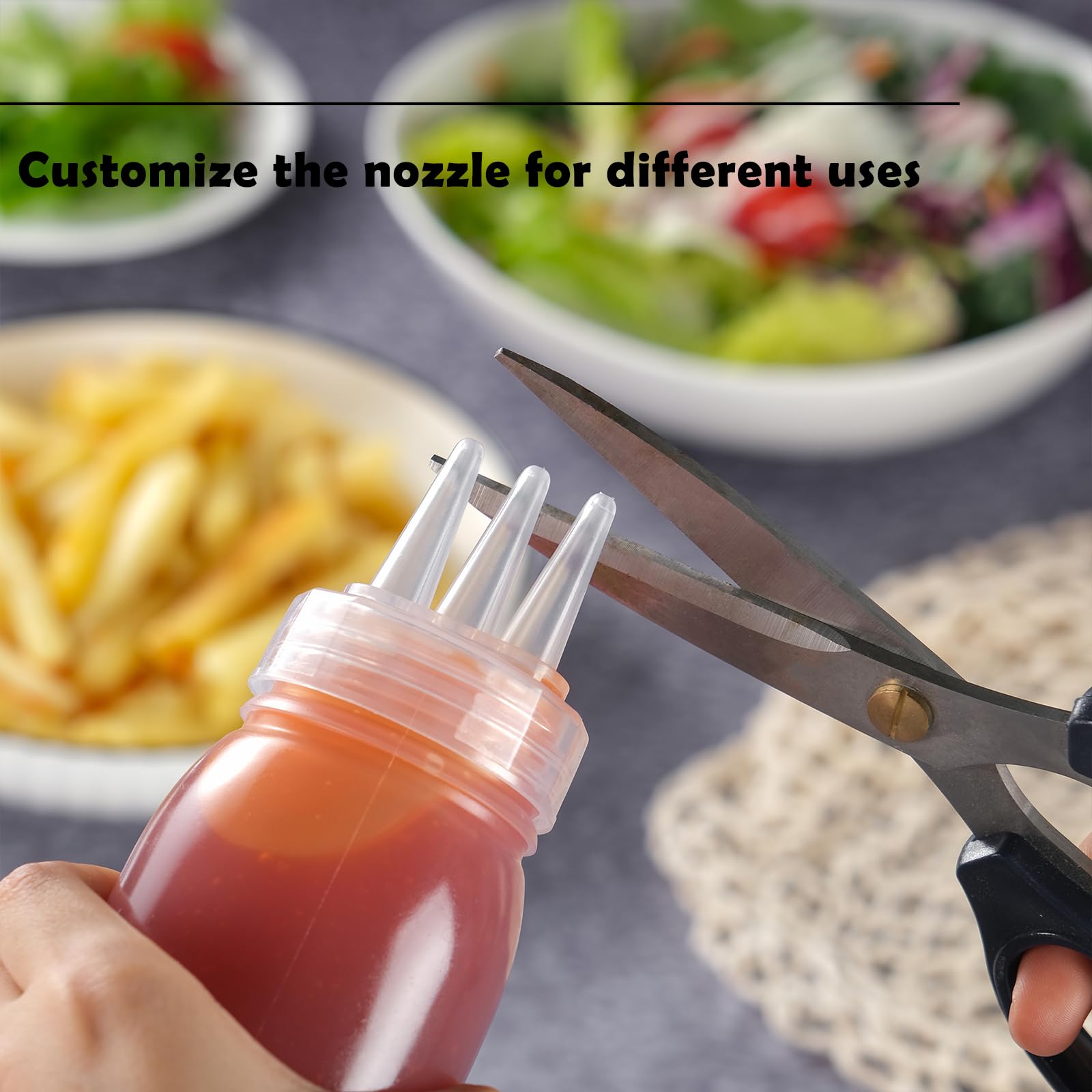 6 Stück 3-Loch-Spritzflaschen aus Kunststoff für Saucen, Gewürze, Quetschflaschen mit Kappen, kleine Salatdressing-Flasche, Ketchup-Flaschen zum Drücken – 170 ml