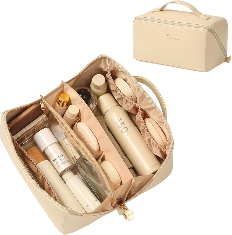 Omeily Bolsa organizadora de maquiagem e artigos de higiene com compartimentos, C-Beige, 24,13 cm x 24,13 cm x 24,13 cm