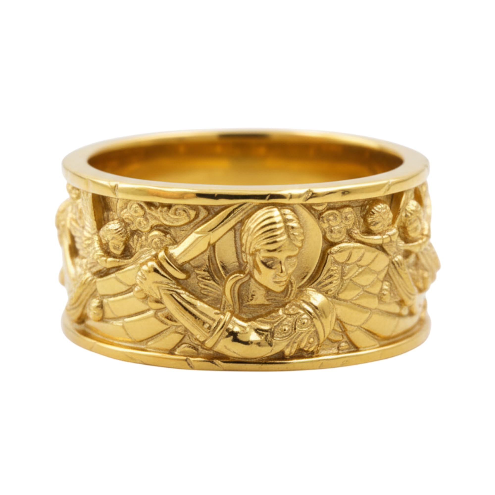 14K Gold Vermeil 925 Sterling Silver St Michael Ring - Detailed Archangel Sword & Chi Rho Design - Christian Religious Band for Men Women