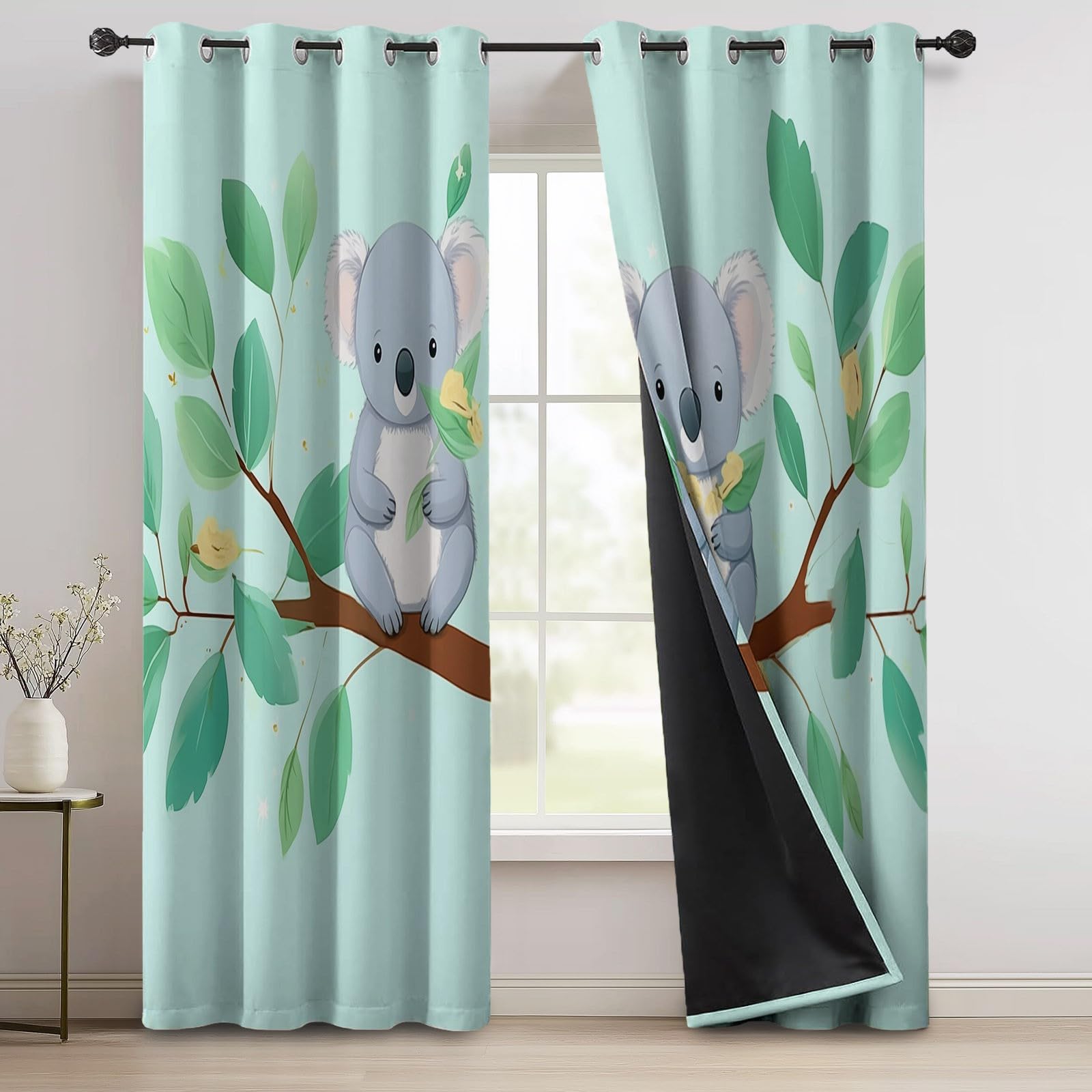 100% Zasłony Zaciemniające H 175 X B 140 Cm (2 szt.), Kreskówka Koala Eukaliptusowe Gałęzie Nieprzezroczyste Termiczne z Oczkami, Izolatory Światła, Zimno i Ciepło do Sypialni, Salonu, Jadalni