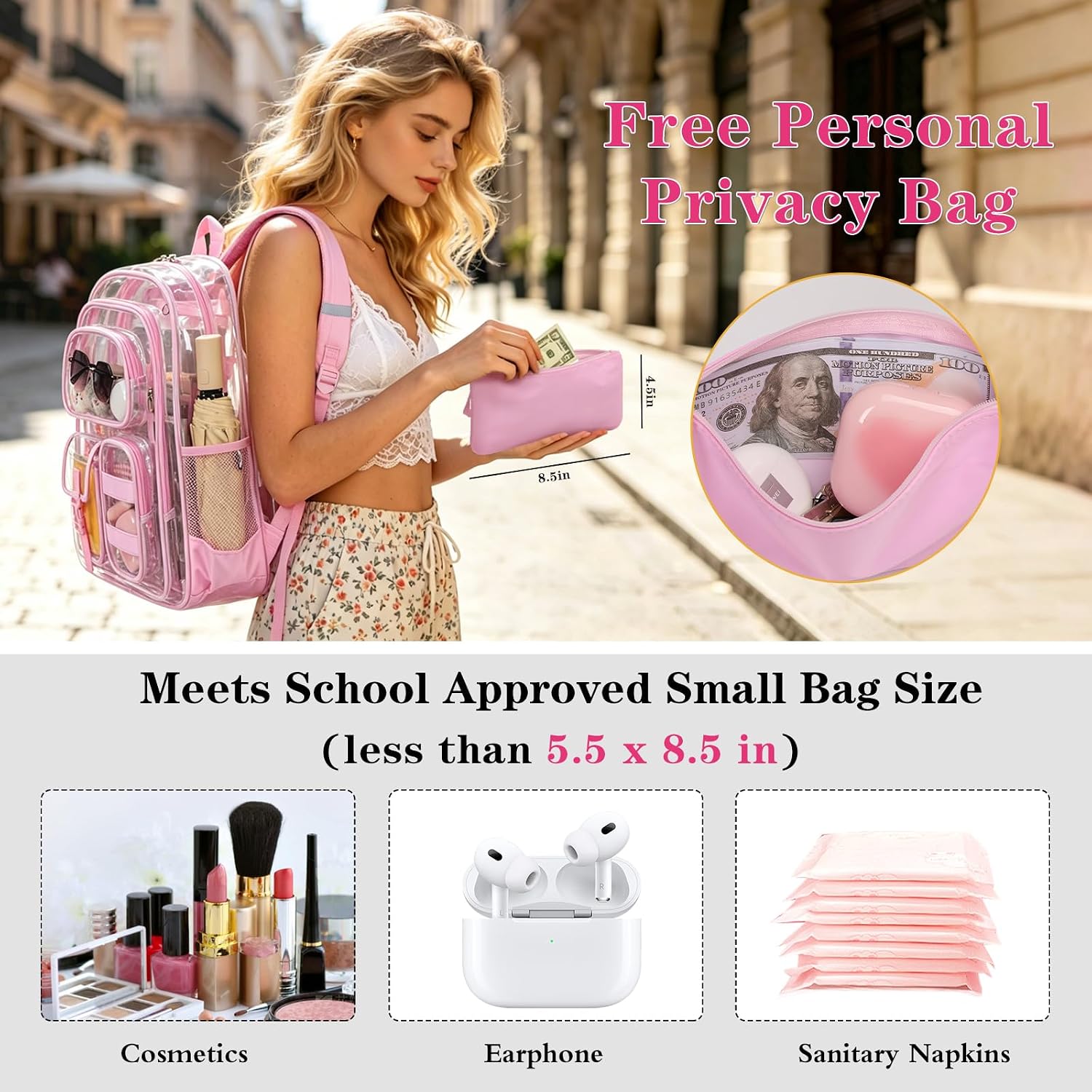 Pink Clear Backpack for School,Heavy Duty PVC Transparent Bookbag for Stadium Events Sports, Girls See Through BackPack Fits 15.6 inch Laptop for Women Work Travel