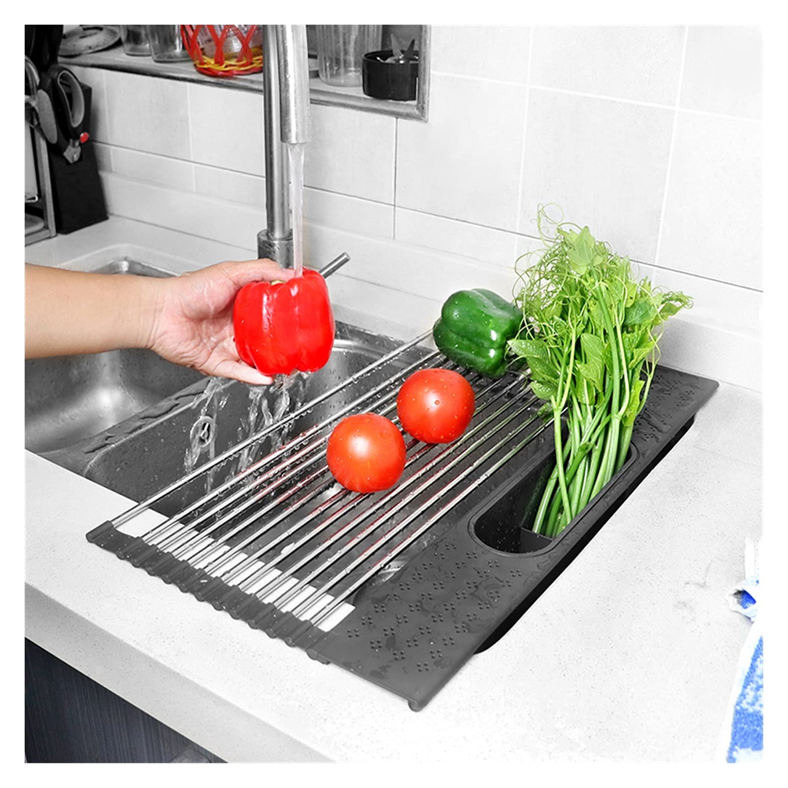 Colador Enrollable Rejilla para secar platos Fregadero Plato Escurridor de platos rodante Rejilla para fregadero Alambre de acero inoxidable Soporte para almacenamiento de fregadero Coladores de coci