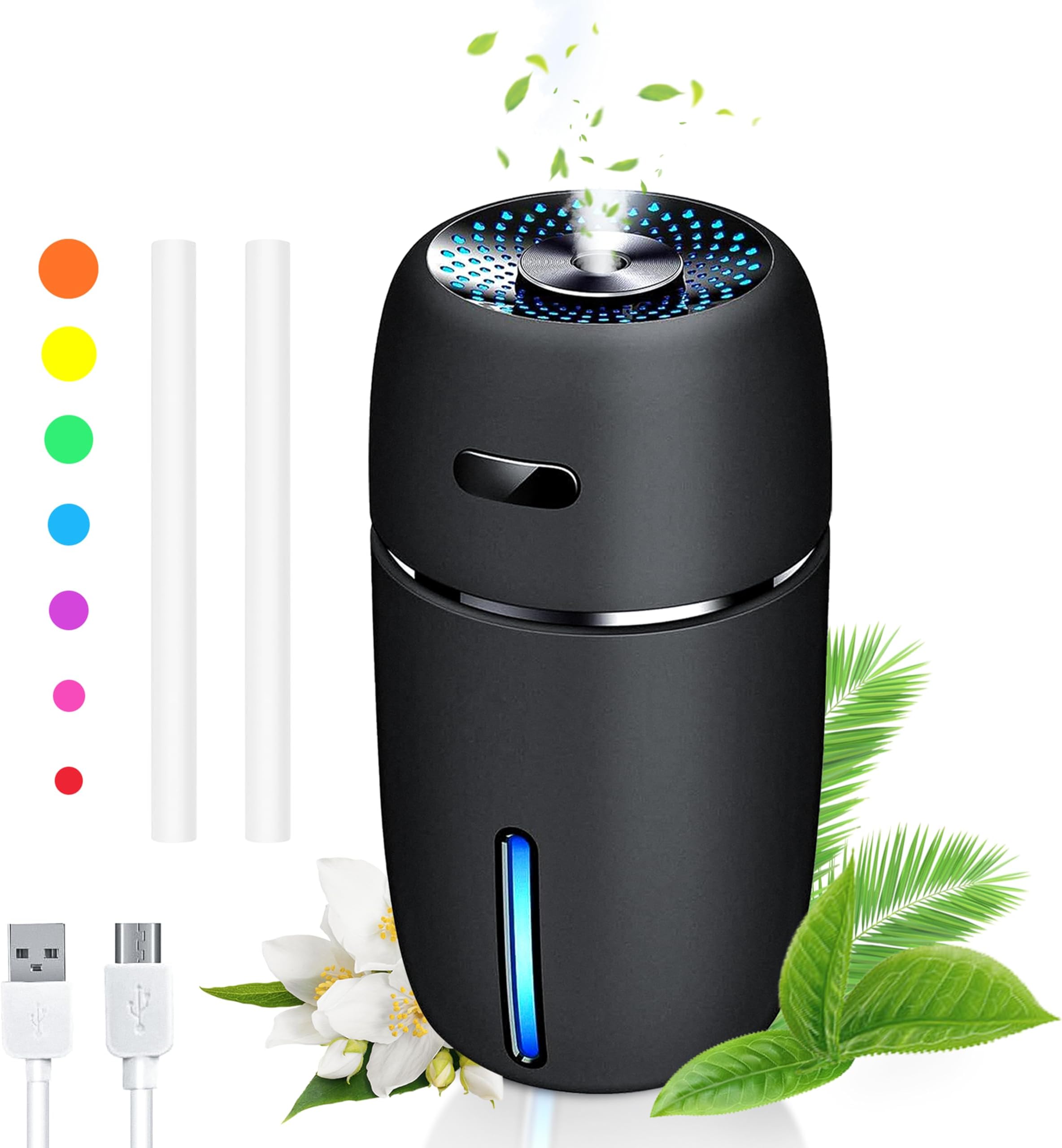 Mini USB Car Humidifier, 200ml Ultrasonic Cool Mist Humidifier with 7 Colors Light Changing, Adjustable Mist Mode,Auto Shut-Off, Super Quiet Operation for Bedroom Home Office, Car, Travel (Black)