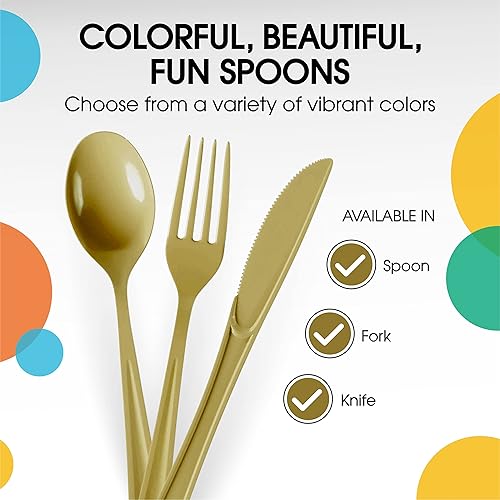 Miniatura 3 de Cucharas desechables de plástico dorado, 100 piezas, cubiertos desechables de plástico dorado resistente, cubiertos desechables dorados, cubiertos