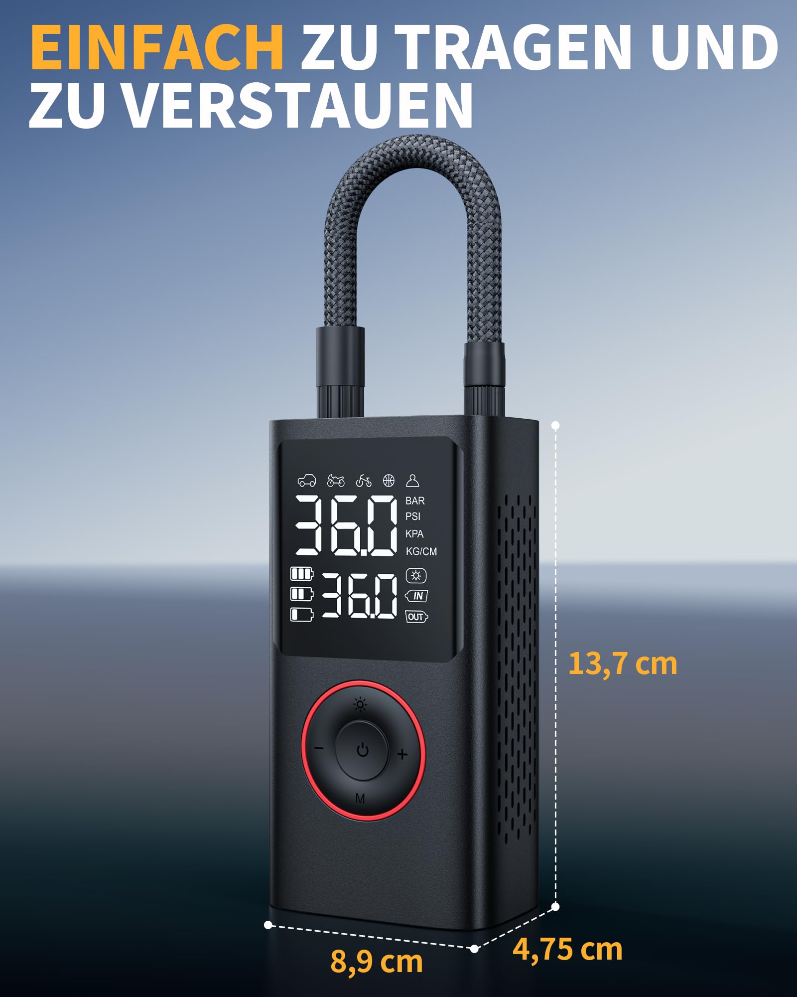 Powools Kabelloser Elektrische Luftpumpe, 150PSI Akku Kompressor Fahrradpumpe mit LED-Licht & Auto-Stopp, Wiederaufladbare Reifenpumpe für E-Bike, Auto, Motorrad, Bälle