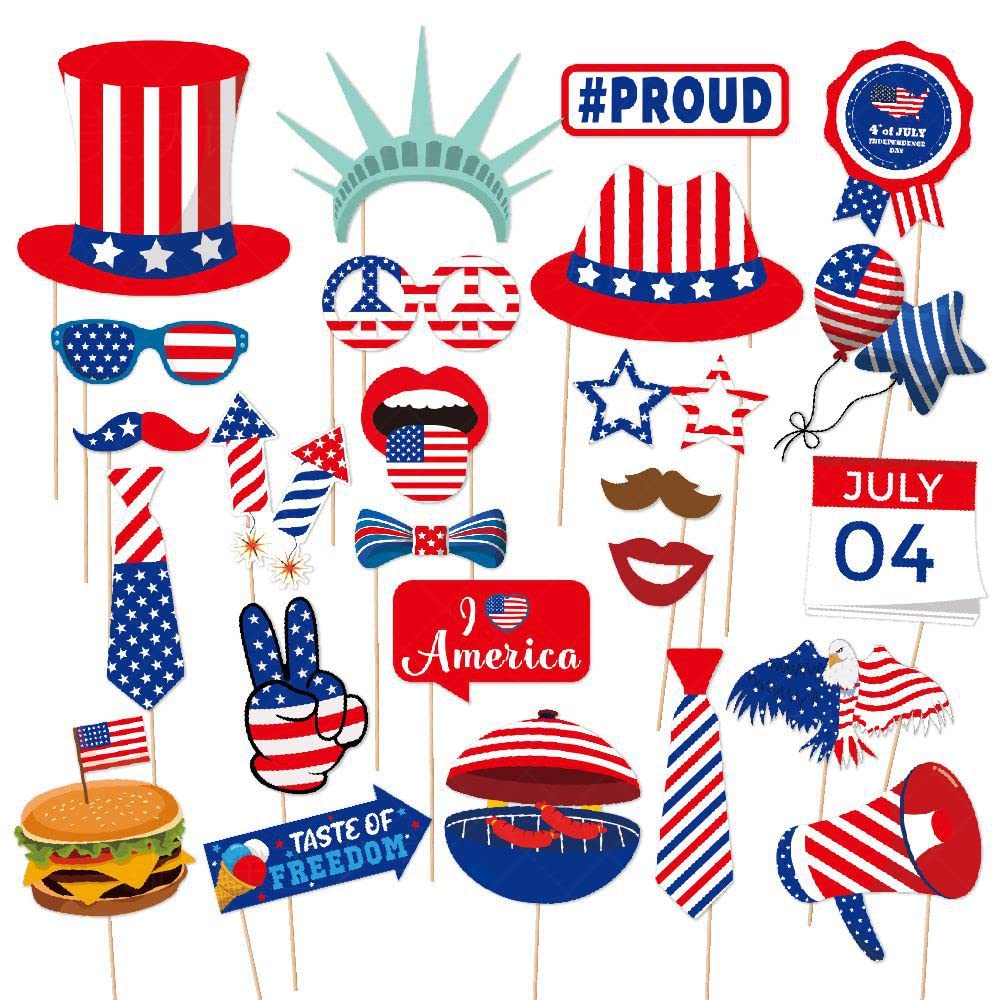 25 Pcs 4th of July Patriotic Photo Booth Props, Independence Day Labor Day Party Favors Photo Booth Props Kit Decorations USA American Memorial Day Veterans Day Photography Backdrop Decor