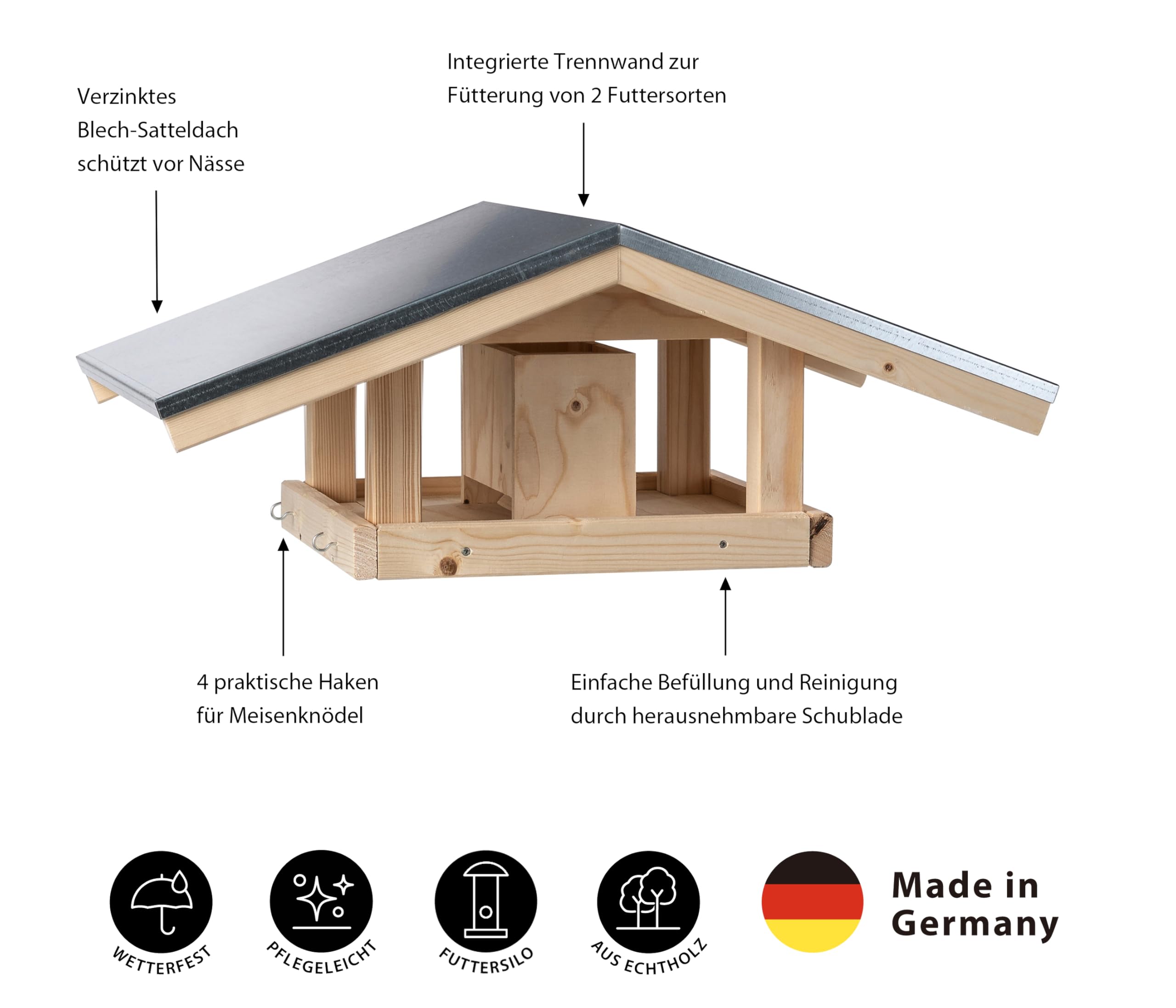 Dehner Natura Wildvogel-Futterhaus Karwendel, mit 4 Knödel-Haken und Futterschublade, 27.7 x 71.4 x 52 cm, Fichtenholz Natur/Blech