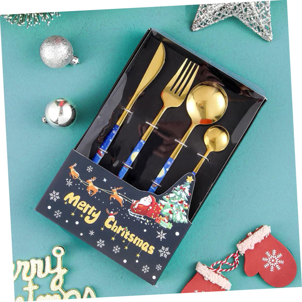 PRETYZOOM 4 Juegos Juego de Cubiertos de Navidad vajilla de Comida para Banquetes Cubiertos de Viaje Cubiertos navideños Tenedores cucharas vajilla de Navidad cuchillería