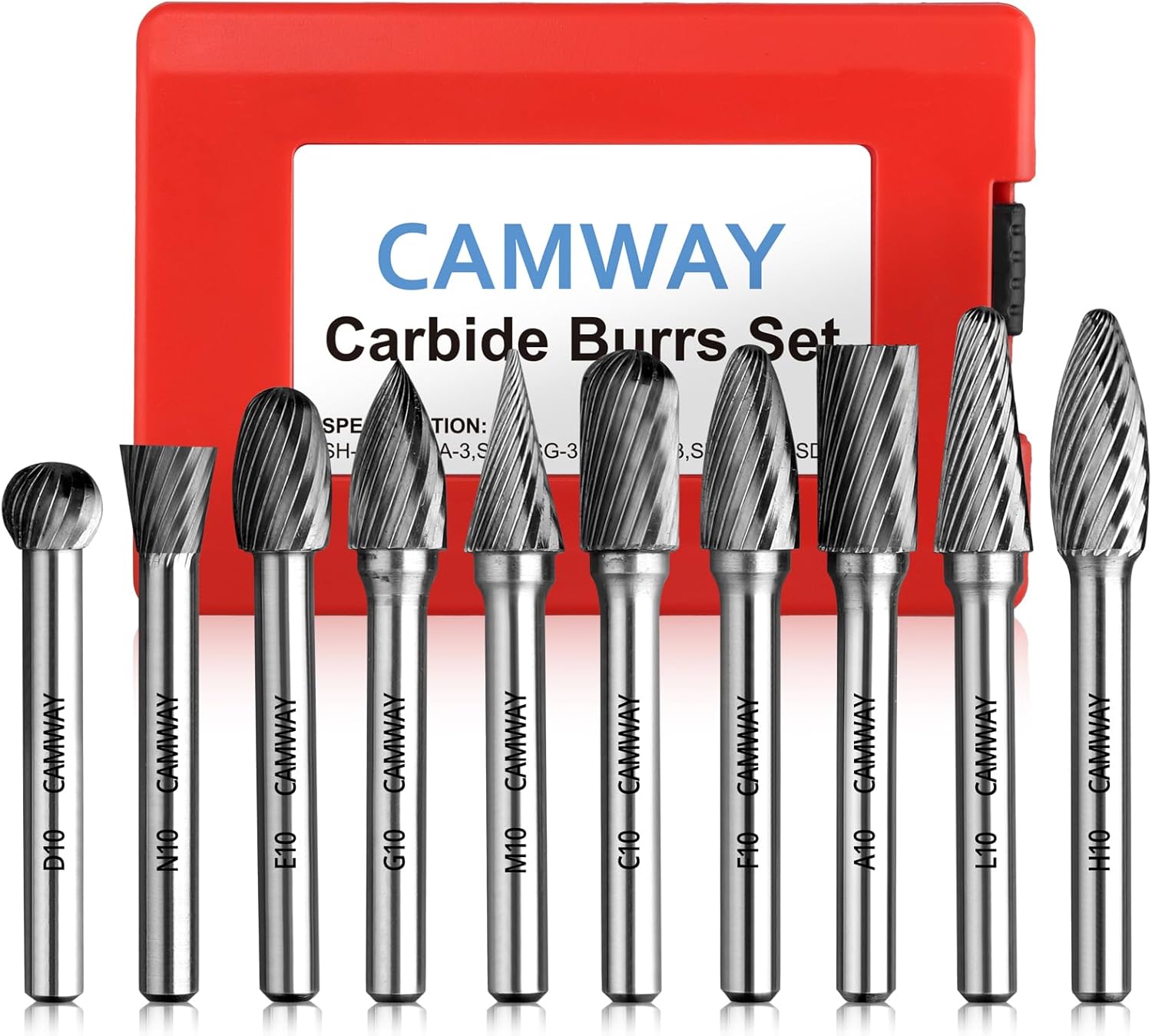 CAMWAY 10pcs Carbide Burrs Set - 1/4" Shank Die Grinder Carbide Bits, Rotary Tungsten Cutting Burrs Bits for Polishing Engraving Drilling Metal,Wood,Steel,Copper,Aluminum