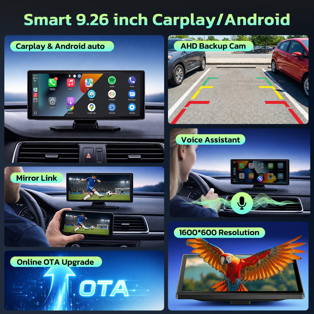 LAMTTO Wireless CarPlay Display 9.26" Kabelloses AppIe CarPlay & Android Auto Tragbares Car Play Touchscreen mit OTA Update/Navigation/Sprachsteuerung/Mirror Link/Bluetooth/AUX/FM für Alle Fahrzeuge