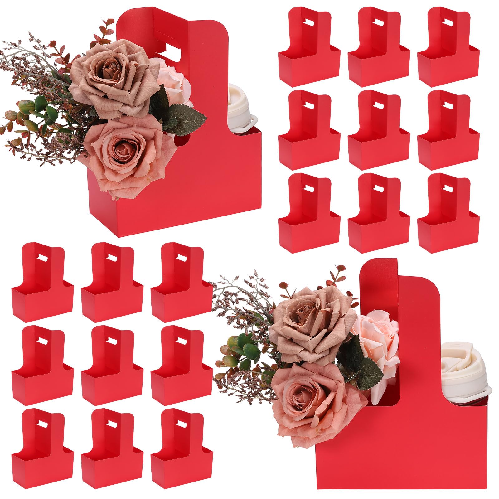 sourcing map 2 Cup Drink Carrier with Handle, 20 Pcs Kraft Paper Flower Gift Bags, Floral Wrap Packing Box, Cardboard Cup Holder Portable for Coffee Tea Bouquet Birthday Party, Red