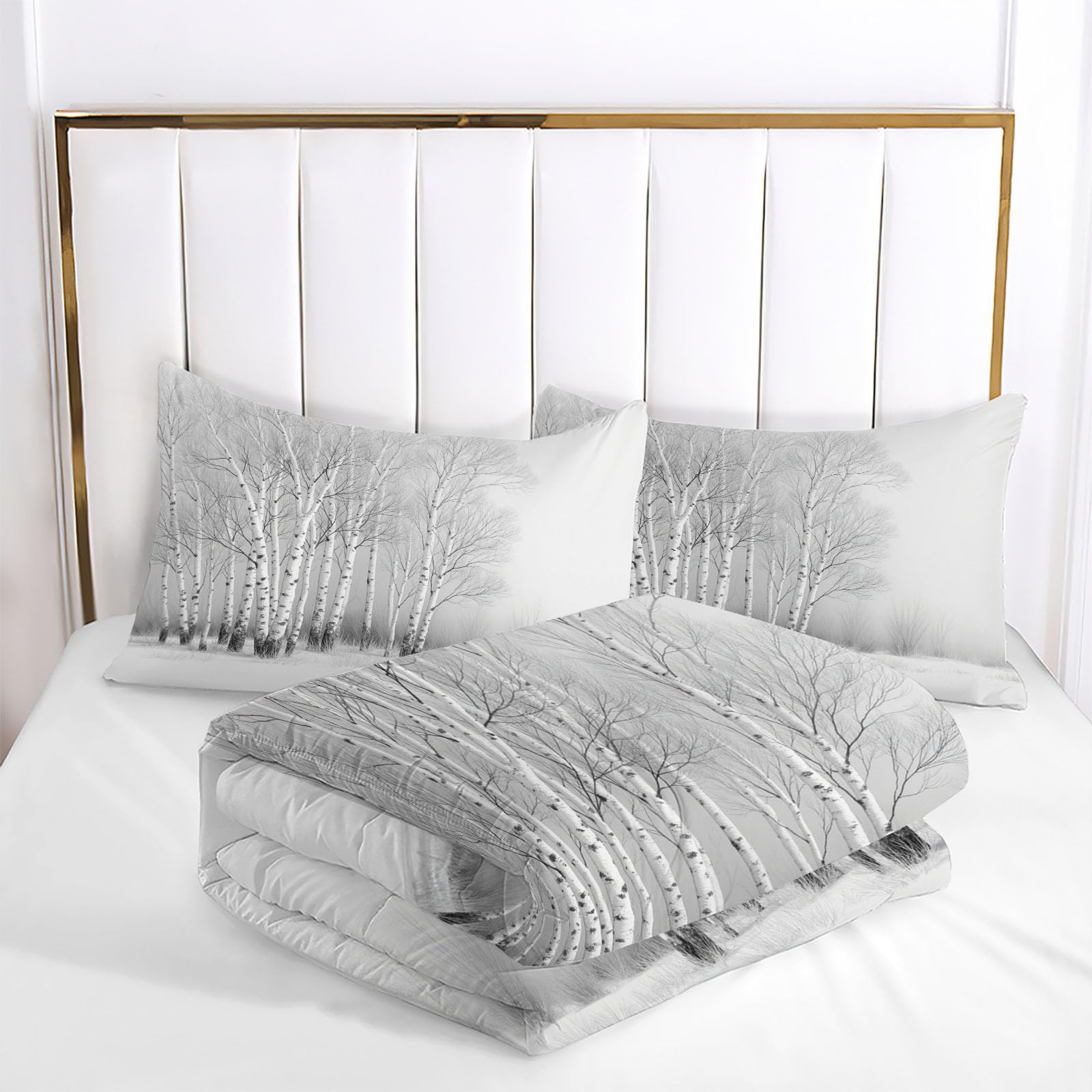 Edredón Cama 180 Abedules Juego de Edredón Reversible Bosque De Invierno Nórdico Acolchado Ligero y Cálido con Fundas para Cualquier Temporada, Gris, 260x230cm