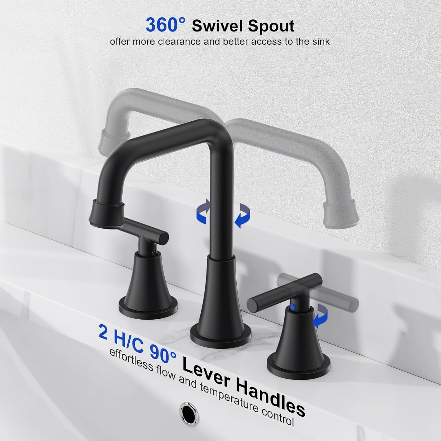 Bathroom Faucet 3 Hole, Matte Black Bathroom Sink Faucet with Drain Assembly and Supply Lines, Square Spout Widespread Bathroom Faucet for Vanity RV Outdoor, 2 Pack