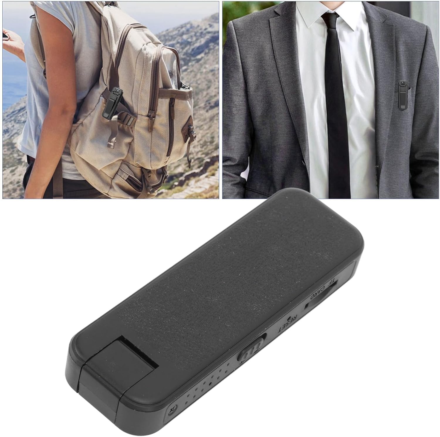 Two images showing the L7 Mini Camera being worn: clipped to a backpack strap and clipped to a suit jacket lapel. Below, a perspective view of the camera itself.