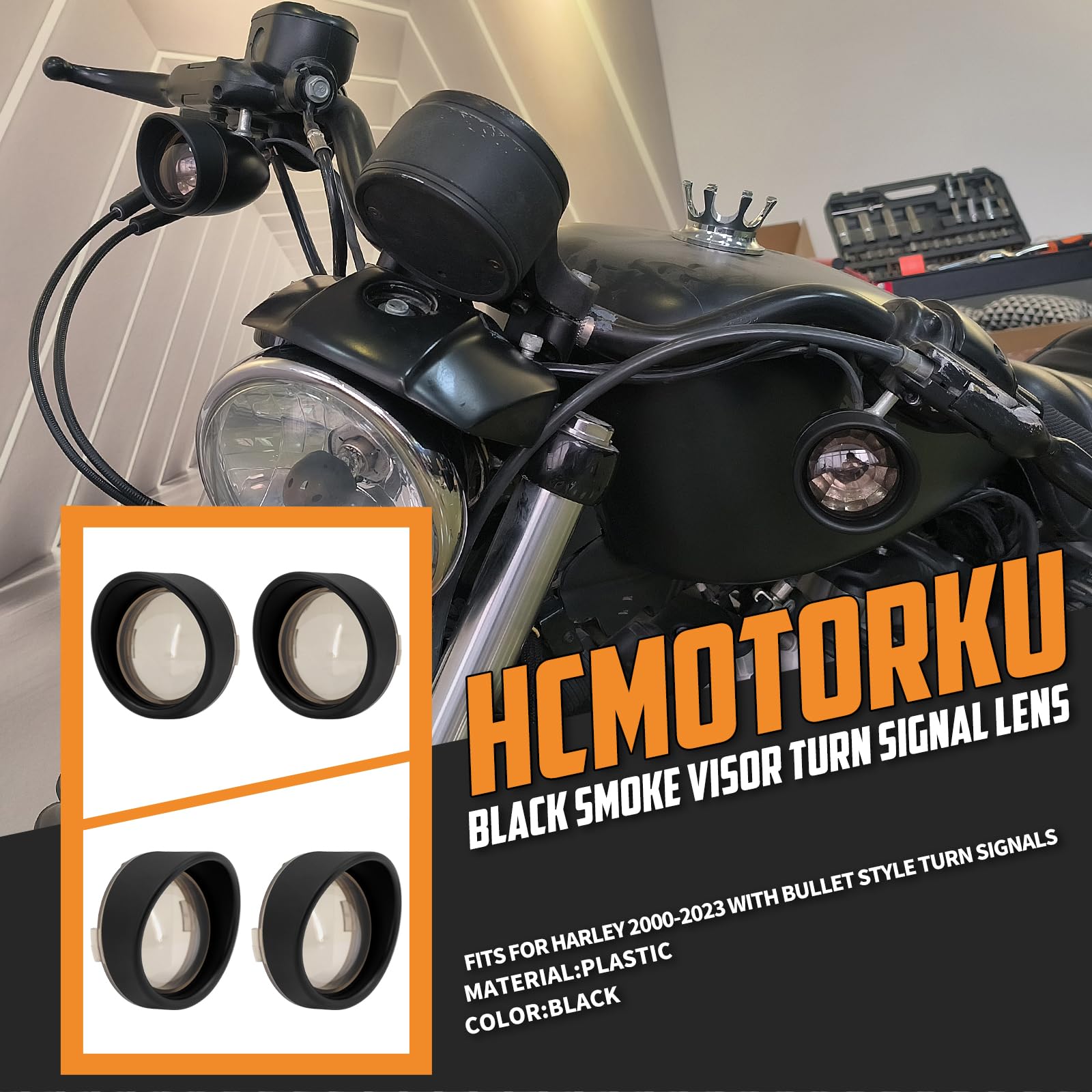 HCmotorku Motorcycle Bullet Turn Signals Lens Cover with Visors Bezels Fit for Harley Dyna Sportster Softail Touring Street Glide Road King 2000-2025 2pc (Black Housing Smoke Lens)
