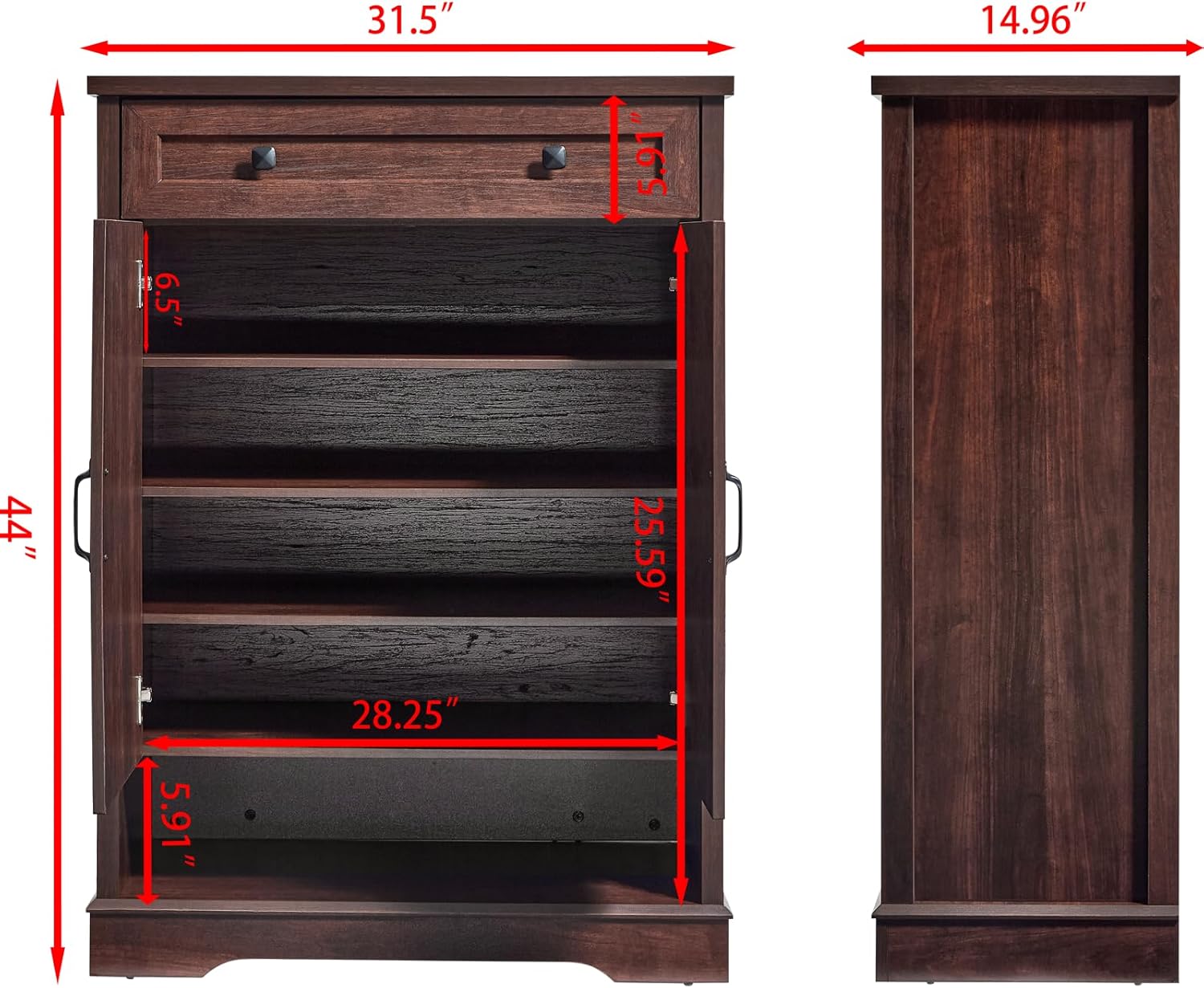 SOOWERY Shoe Cabinet with Drawer, Farmhouse Shoe Storage Cabinet with Doors, 5 Tiers Narrow Shoe Organizer for Entryway, Foyer, Hallway, Dark Cherry