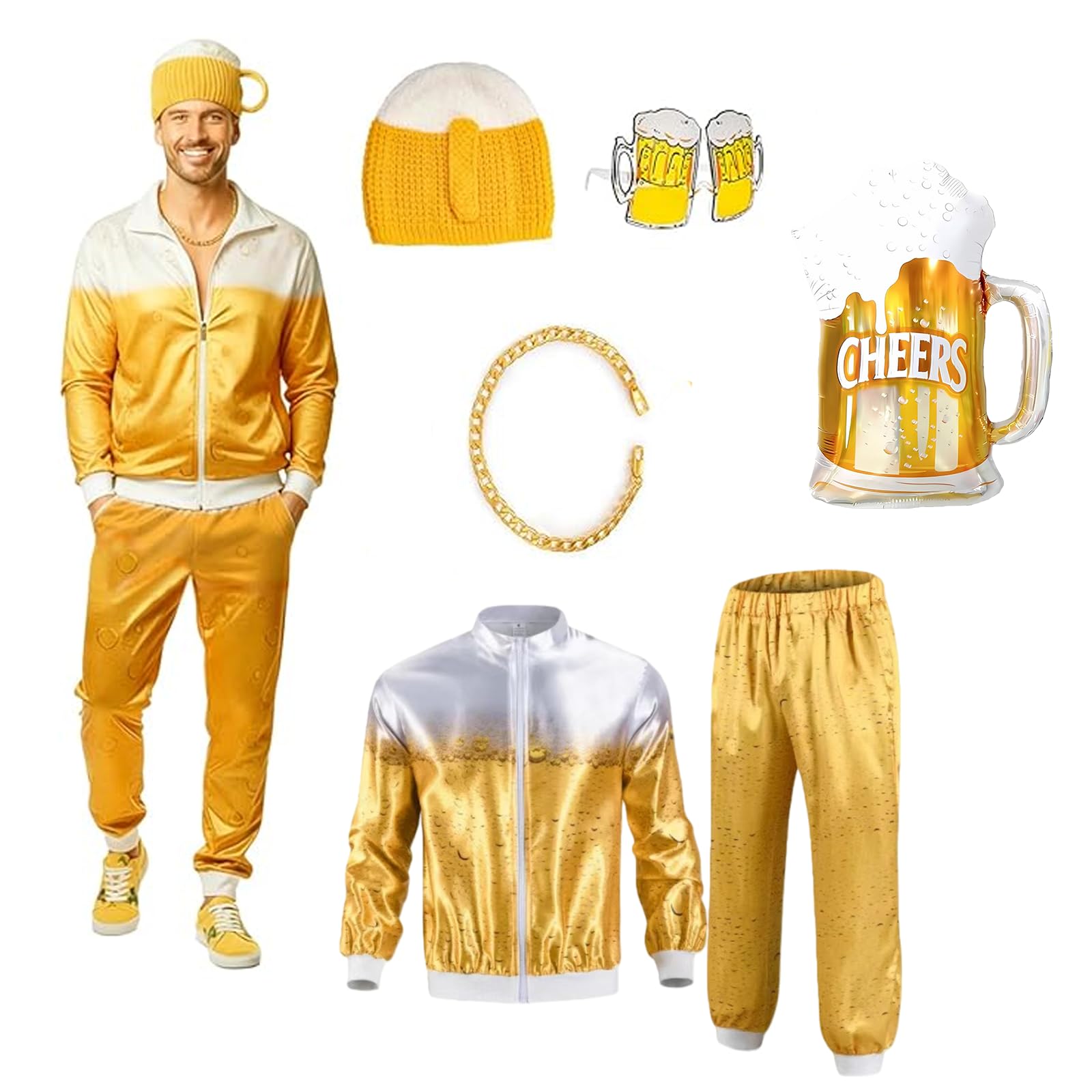 SSKHE Beer Costume Tracksuit,80s 90s Shell Suit Retro,Oktoberfest Costume with Jacket Pants Hat Necklace Glasses Balloon,Vintage Disco Beer Outfit for Theme Party Halloween Music Festivals (L) Yellow