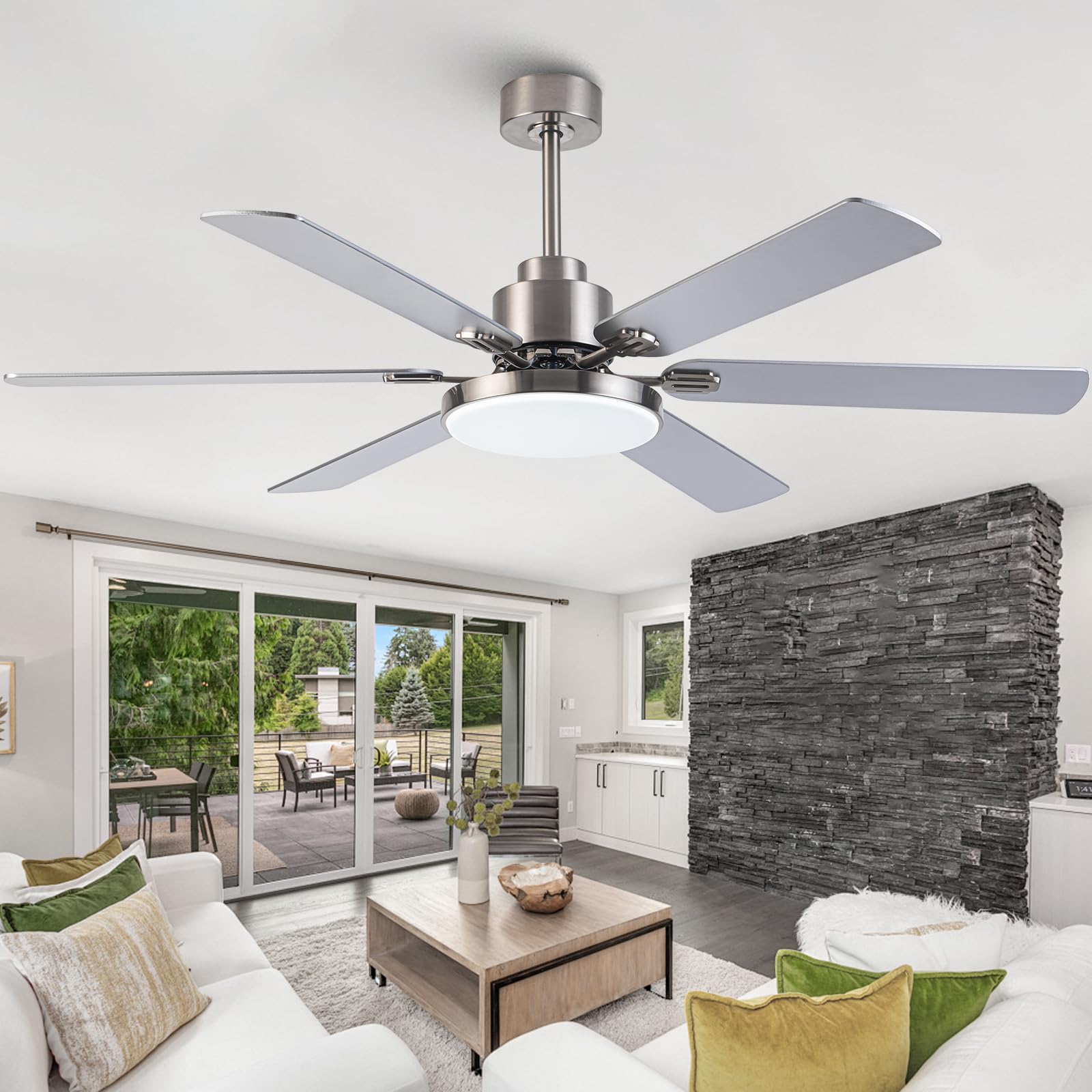 Vaczon 60 Inch Large Ceiling Fans with Lights and Remote, Indoor Outdoor Modern Brushed Nickel Ceiling Fan, 3CCT, Reversible DC Motor, Industrial Ceiling Fan for Bedroom Living Room Patio Garage