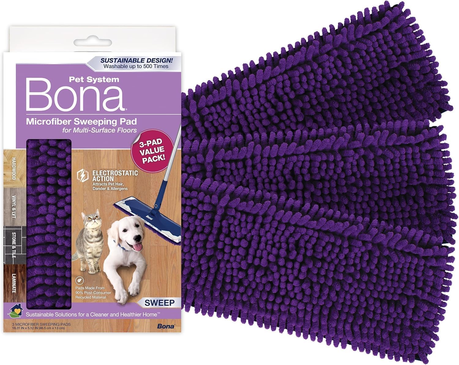 Pet System Microfiber Sweeping Pads for Multi-Surface Floors - 3 Count - Washable and Reusable - Attracts & Traps Cat and Dog Hair - Fits All Bona Mops