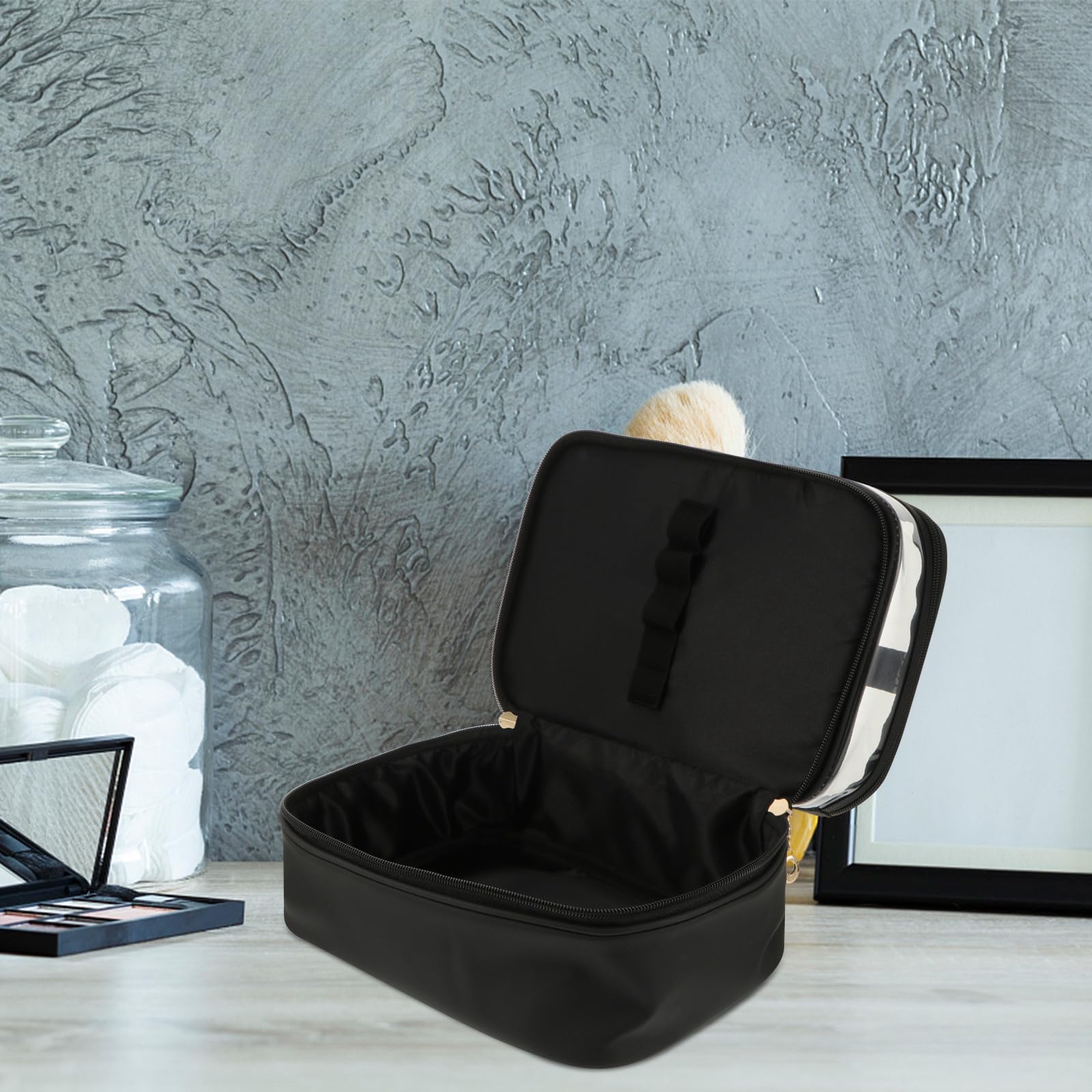 Lurrose Borsa Cosmetica Borsa da Toilette da Viaggio Doppio Strato in Pu e Plastica, Grande Capacità, Nera, per Viaggi di Lavoro e Uso Familiare