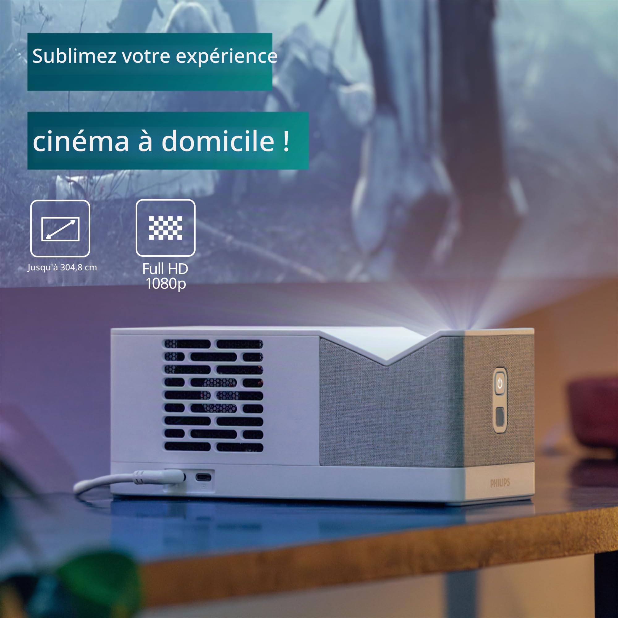 Philips UL5 Smart, Vidéoprojecteur Ultra Courte Focale, Full HD 1080p, Triple Laser, Wi-FI, Correction d'image avancée, Son Stéréo, Système Lumin OS avec Applications, Blanc