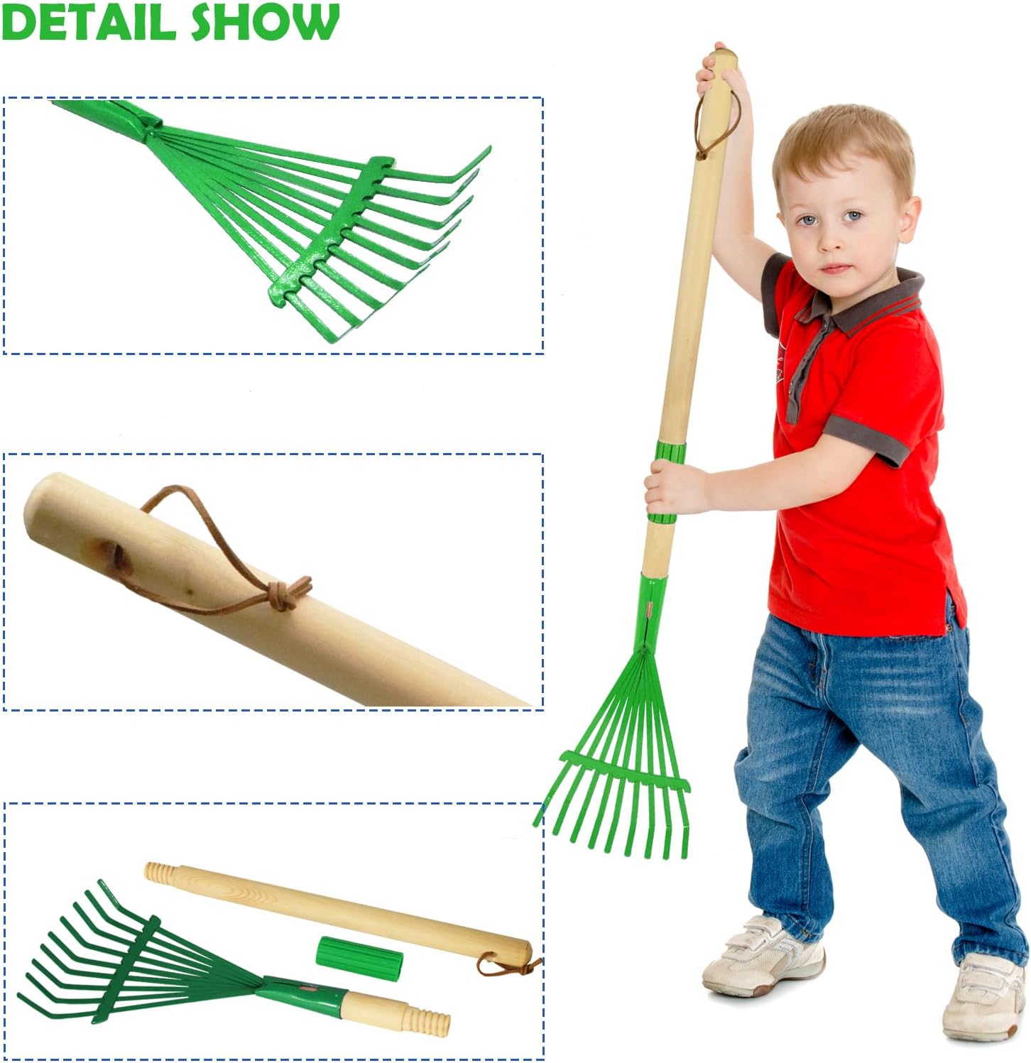 Kids Leaf Rake -Small Wooden Handle Leaf Rake with Metal Tines, 27inches /69cm Length, for Kids Enjoy Garden Cleaning Activities, 4 Pack