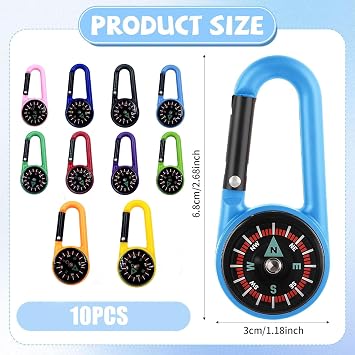 10pcs Carabiner Compass, Mini Compass Keychain Set for Outdoor Camping, Hiking Navigation, Guide with Waterproof Bag