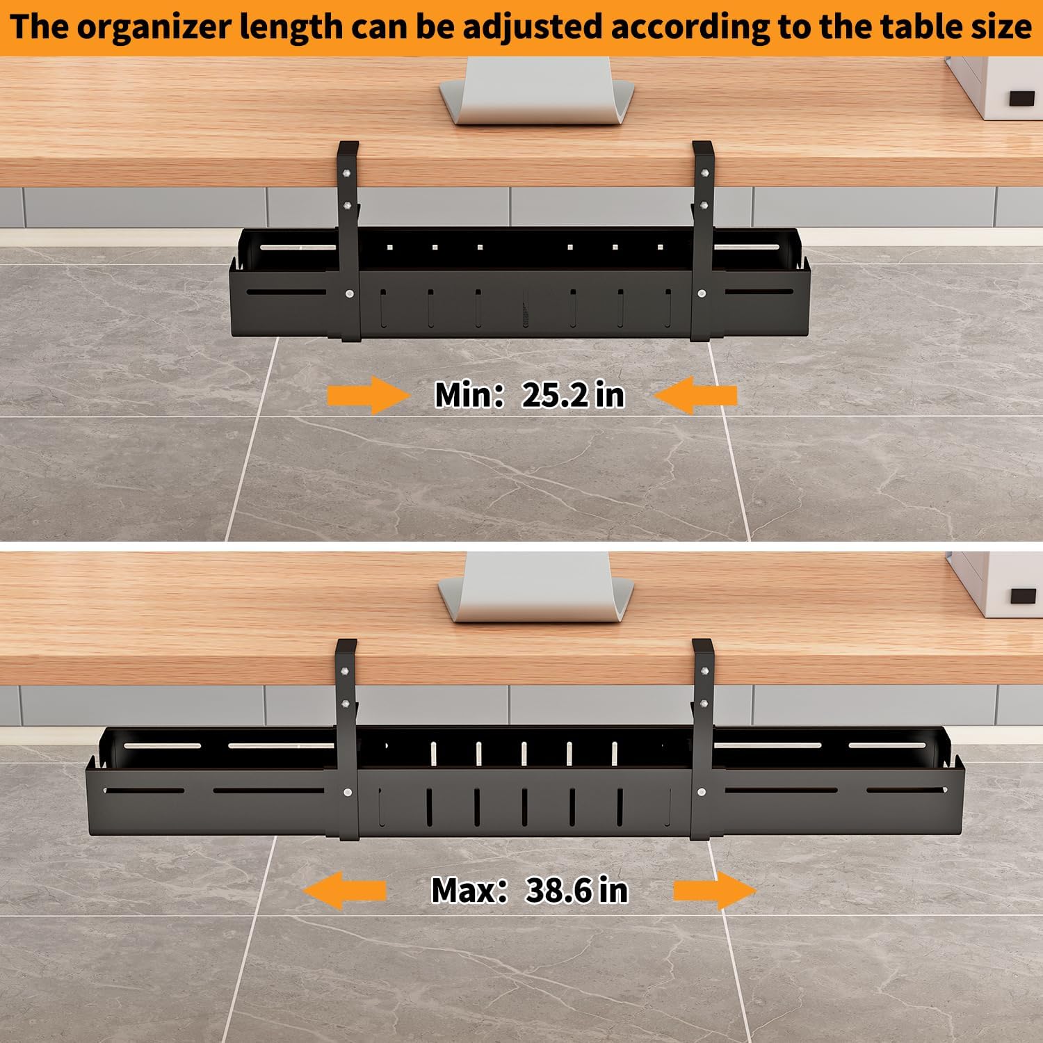 Under Desk Cable Management Tray, Expandable Length 25.2"-38.6",No Drill No Damage to Desk,Cable Tray with Clamp for with Wire Management,for Cord Organizer for Home Office Standing Desk, Black