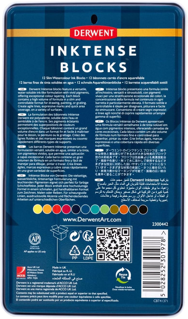 Derwent Inktense Blocks 12 Tin, Set of 12, 8mm Block, Soft Texture, Watersoluble, Ideal for Watercolor, Drawing, Coloring, Crafts and Painting on Paper and Fabric, Professional Quality (2300442)